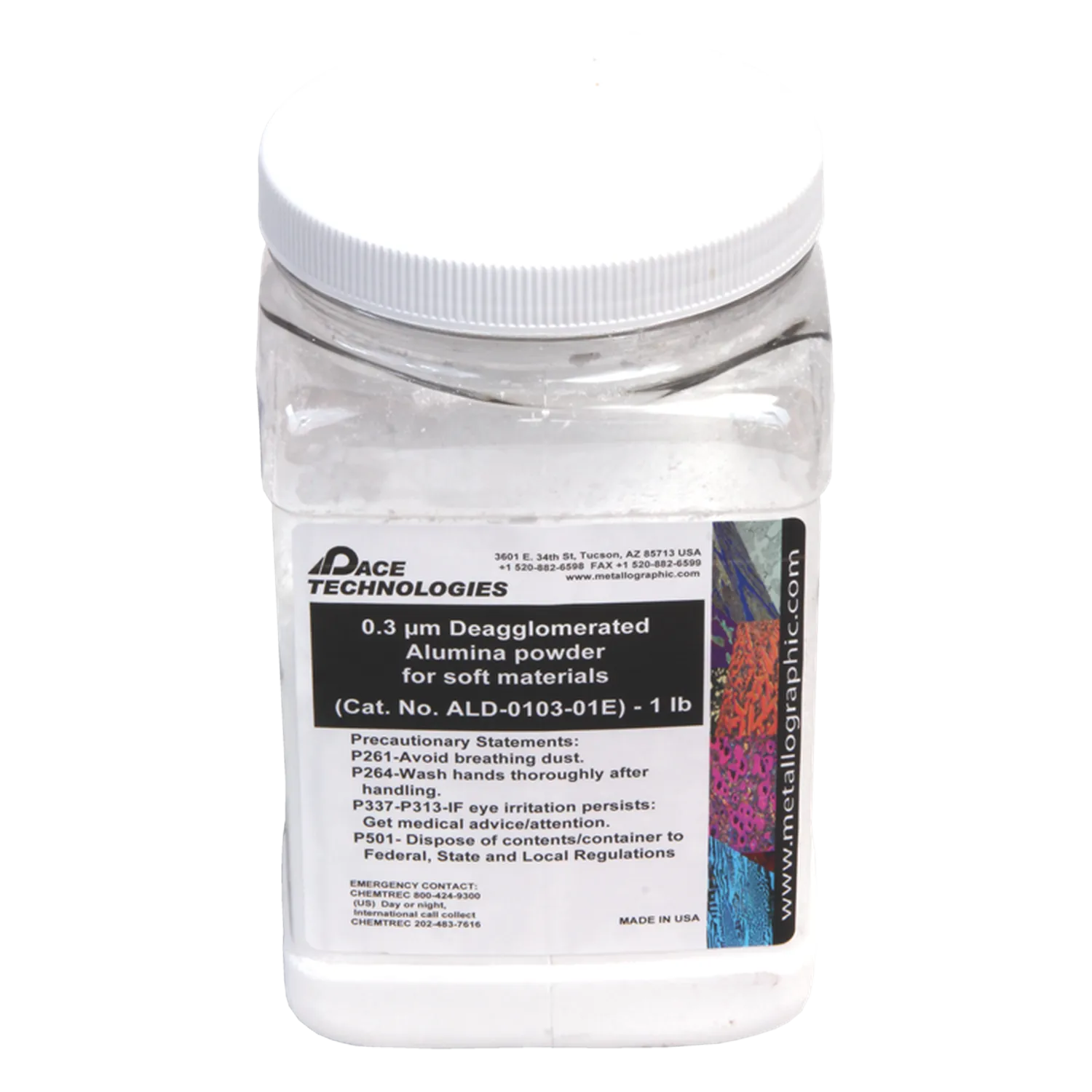 Polvo de alúmina desaglomerada de grado electrónico, 0,30 micrones, ALD-0103-E