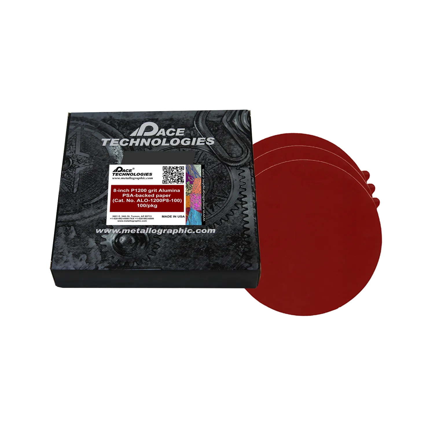 Papeles abrasivos de alúmina de 8" con respaldo de PSA, grano 1200, 100/caja, ALO-1200P8-100