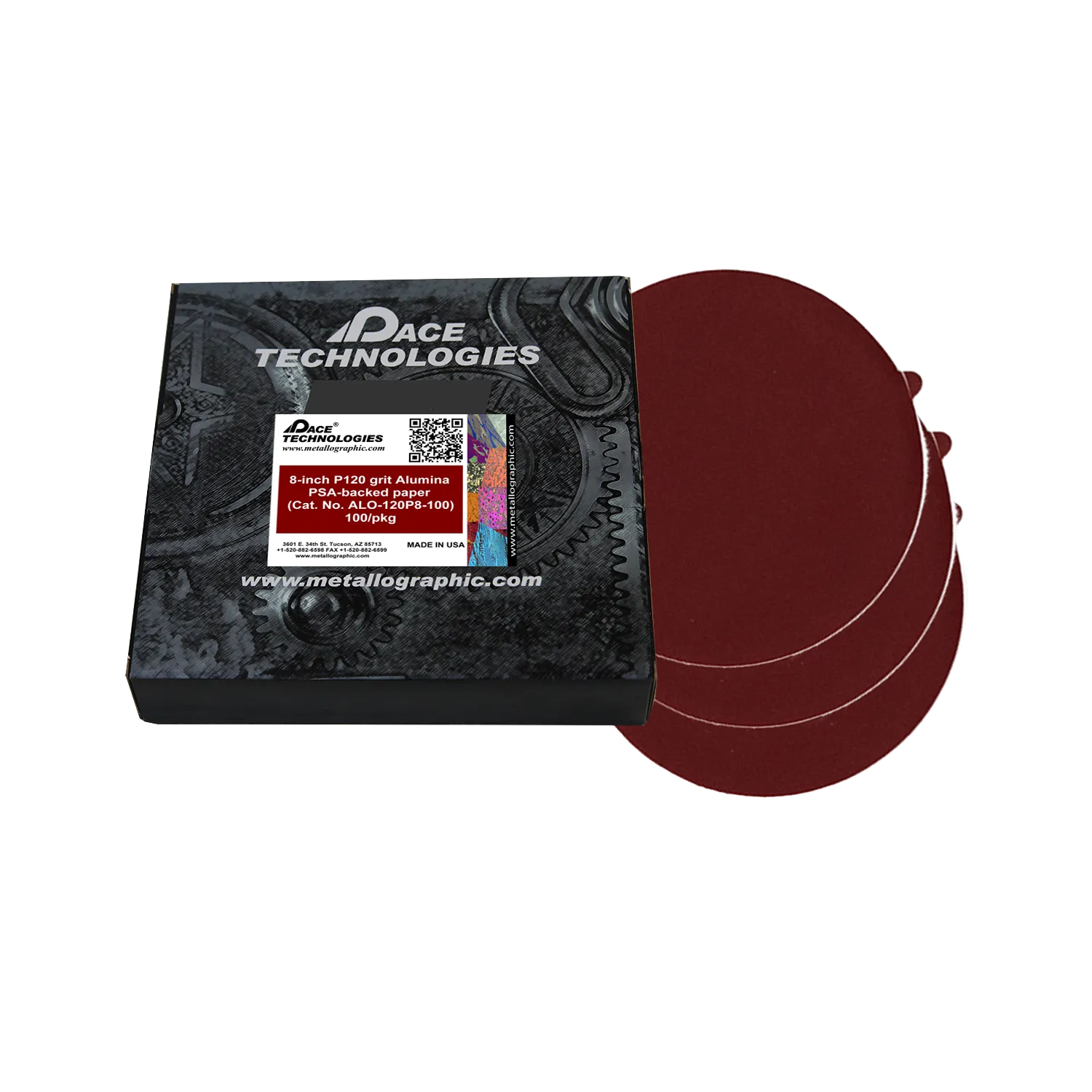 Papeles abrasivos de alúmina de 8" con respaldo de PSA, grano 120, 100/caja, ALO-120P8-100