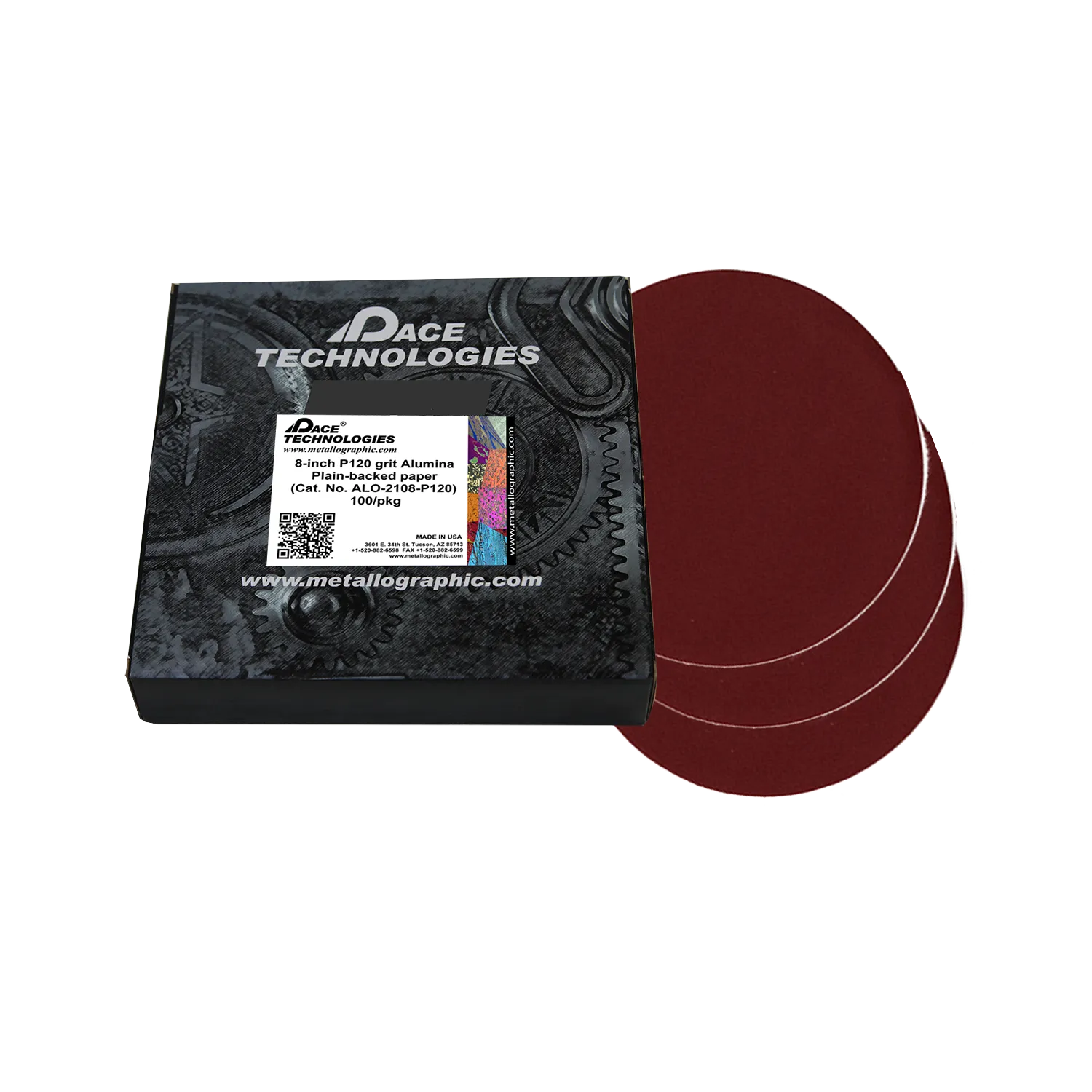 Papeles de lija de alúmina de 8" con respaldo liso, grano 120, 100/caja, ALO-2108-P120
