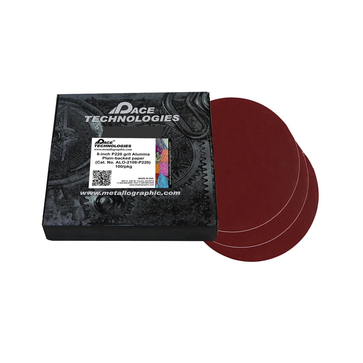 Papeles de lija de alúmina de 8" con respaldo liso, grano 220, 100/caja, ALO-2108-P220