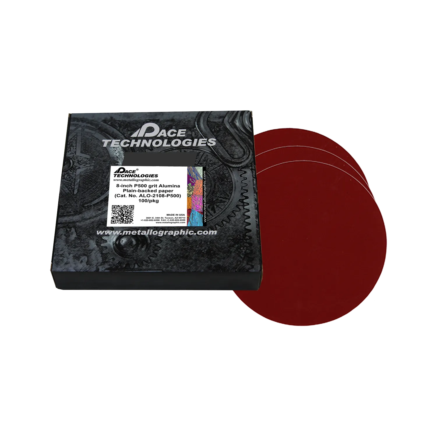 Papeles de lija de alúmina de 8" con respaldo liso, grano 500, 100/caja, ALO-2108-P500