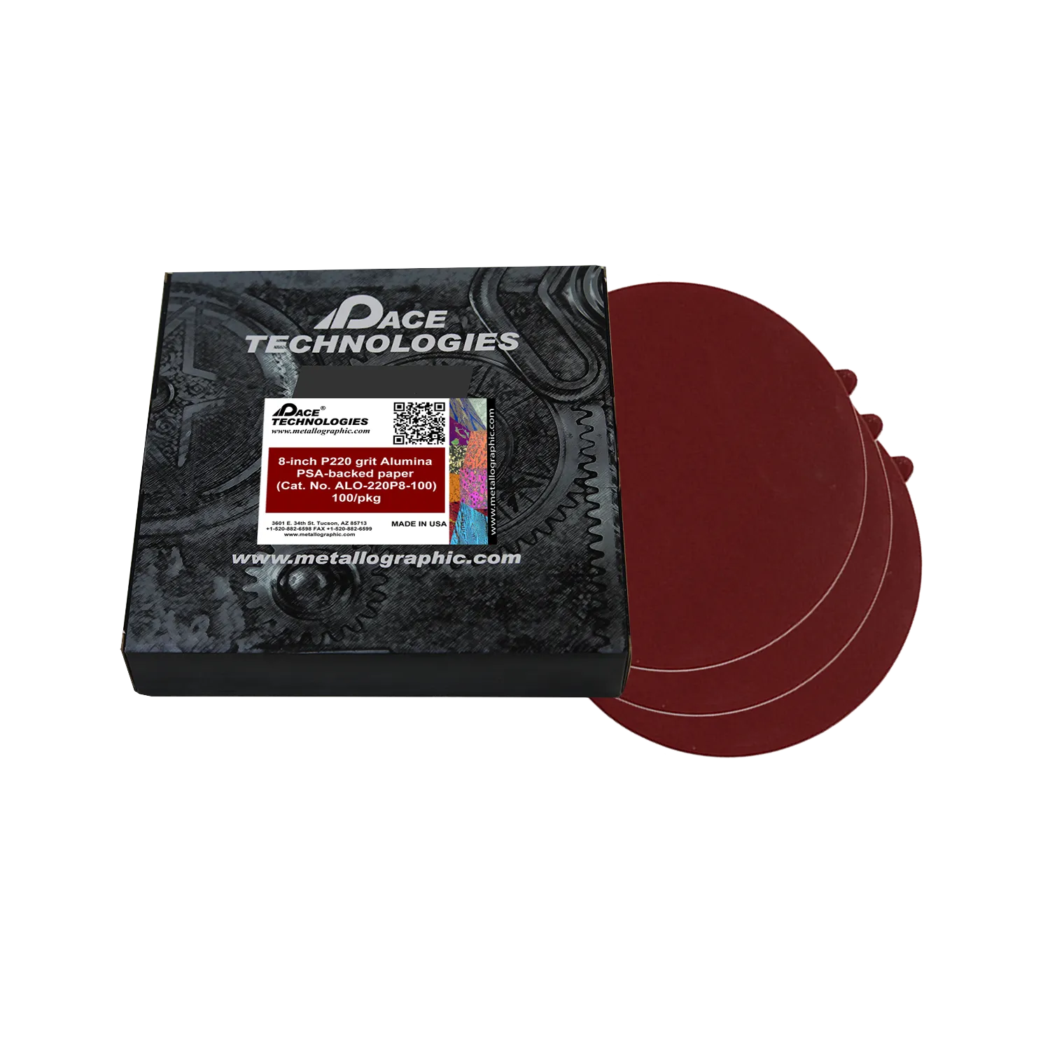Papeles abrasivos de alúmina de 8" con respaldo de PSA, grano 220, 100/caja, ALO-220P8-100