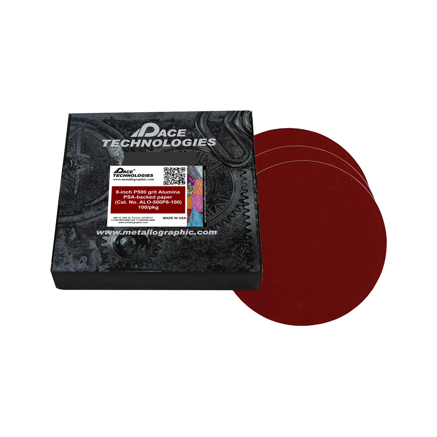 Papeles abrasivos de alúmina de 8" con respaldo de PSA, grano 500, 100/caja, ALO-500P8-100