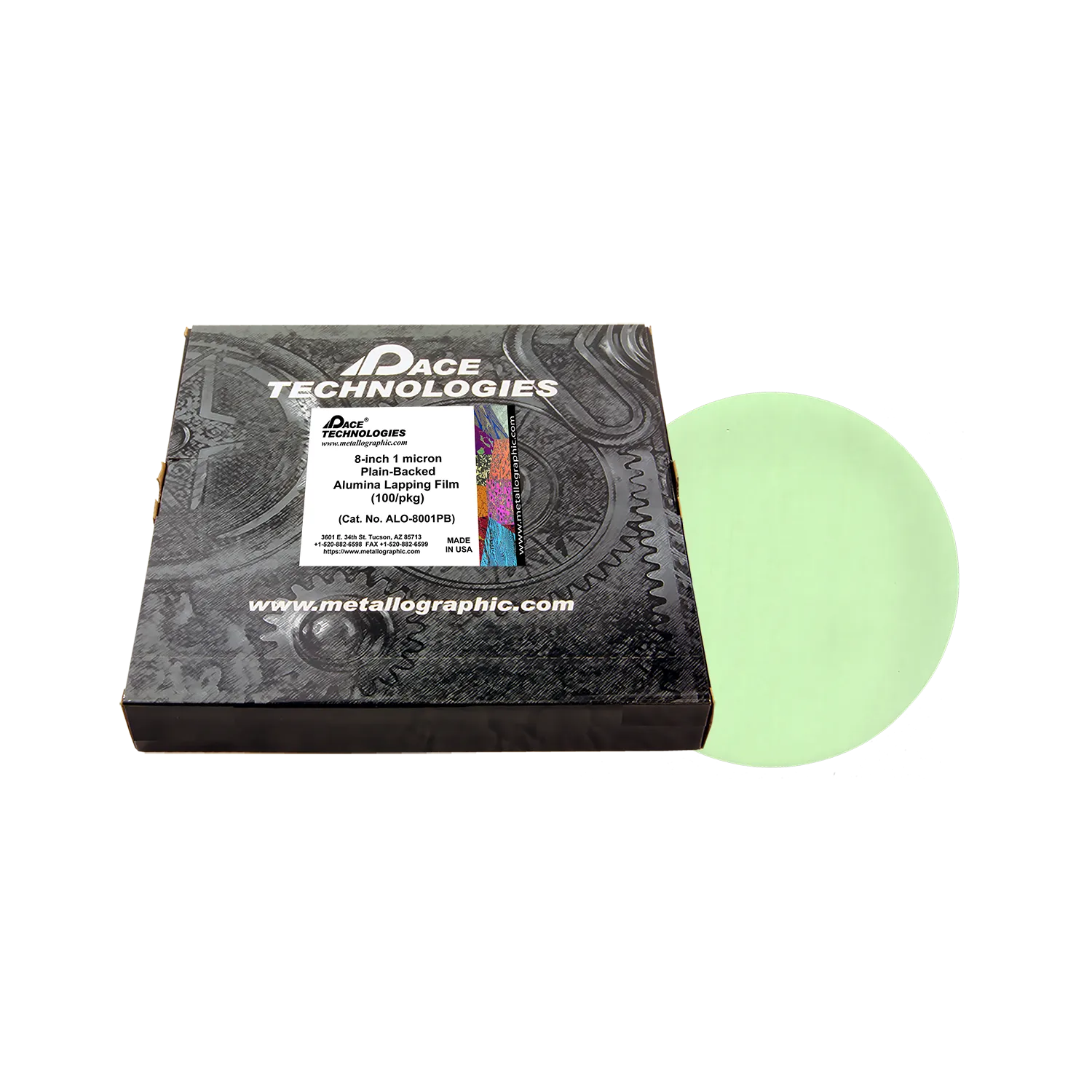 Película de alúmina para lapeado de 8" con reverso liso, 1 micrón, 100/caja, ALO-8001PB-3