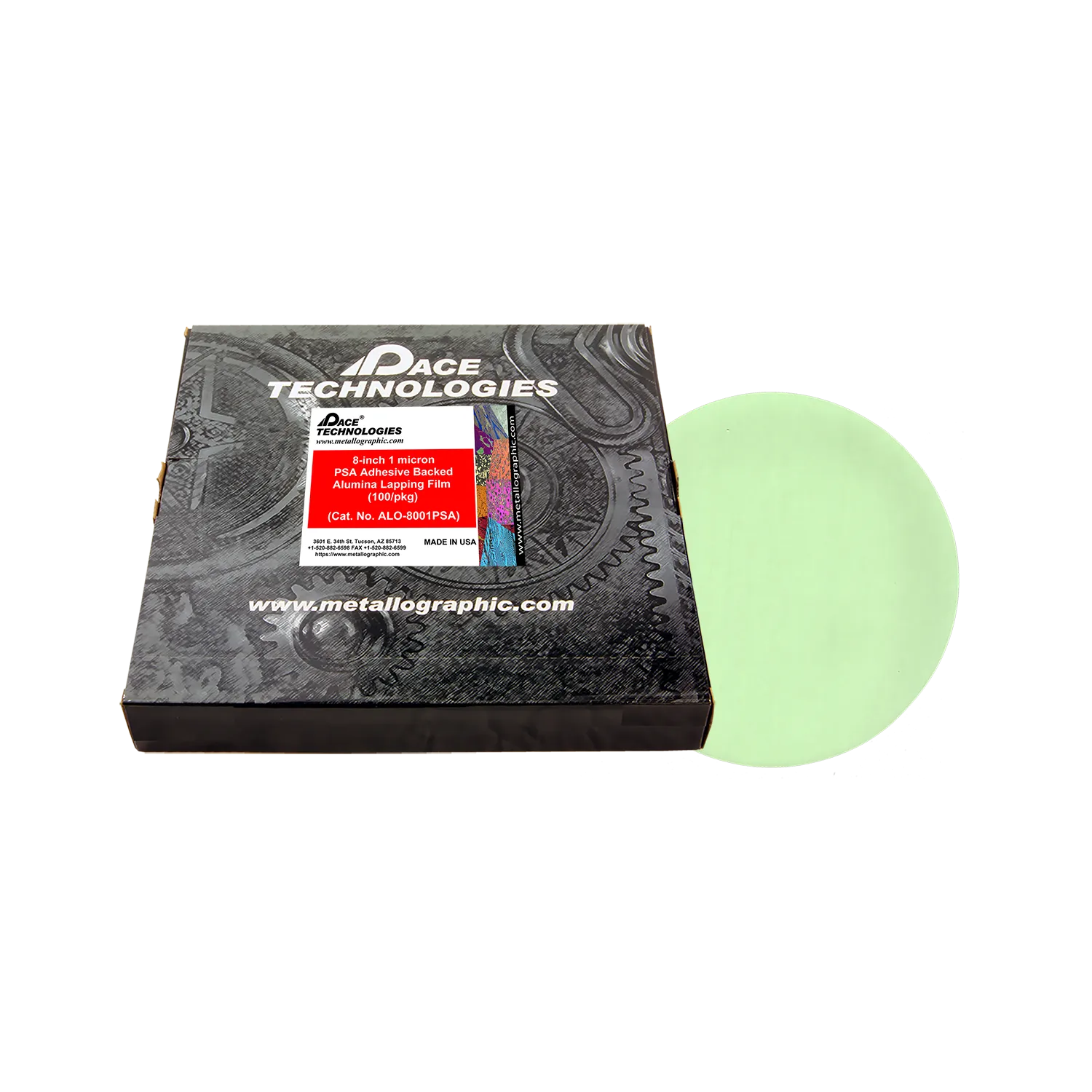 Película de alúmina para lapeado de 8" con respaldo de PSA, 1 micrón, 100/caja, ALO-8001PSA-3