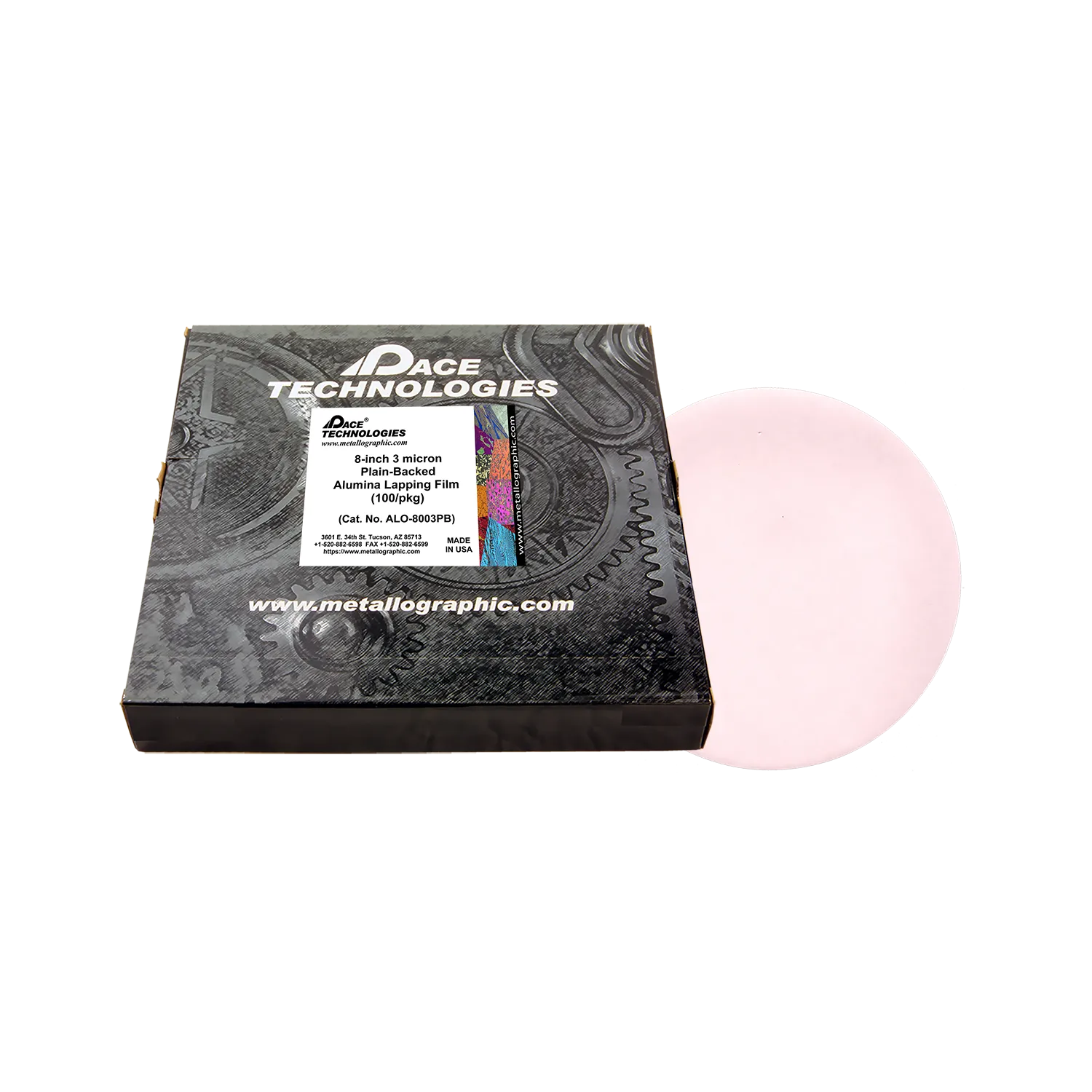 Película de alúmina para lapeado de 8" con reverso liso, 3 micrones, 100/caja, ALO-8003PB-3