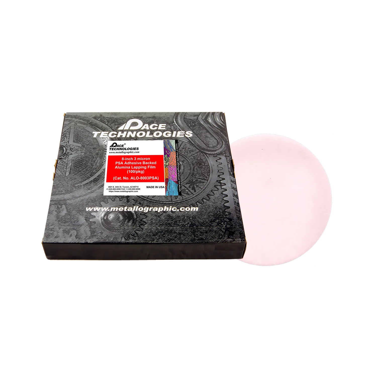 Película de alúmina para lapeado de 8" con respaldo de PSA, 3 micrones, 100/caja, ALO-8003PSA-3