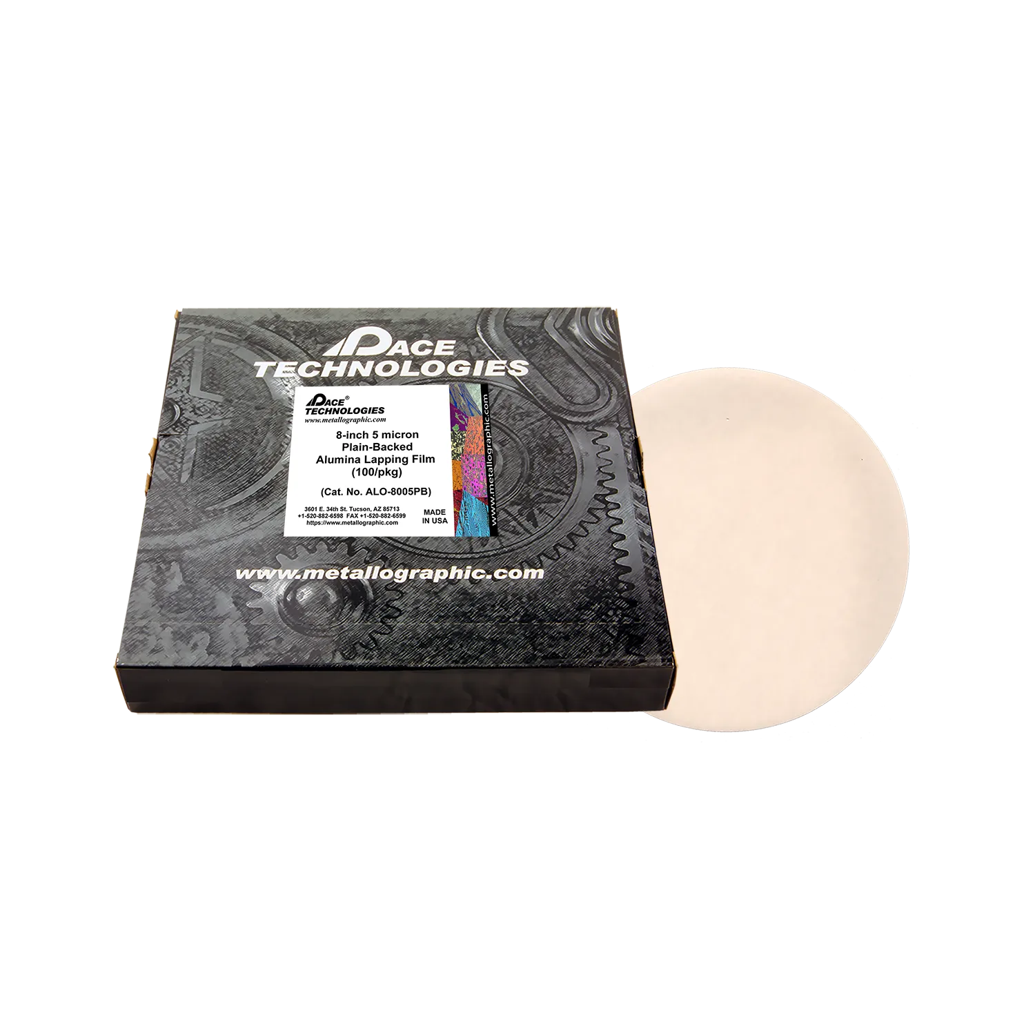 Película de alúmina para lapeado de 8" con reverso liso, 5 micrones, 100/caja, ALO-8005PB-3