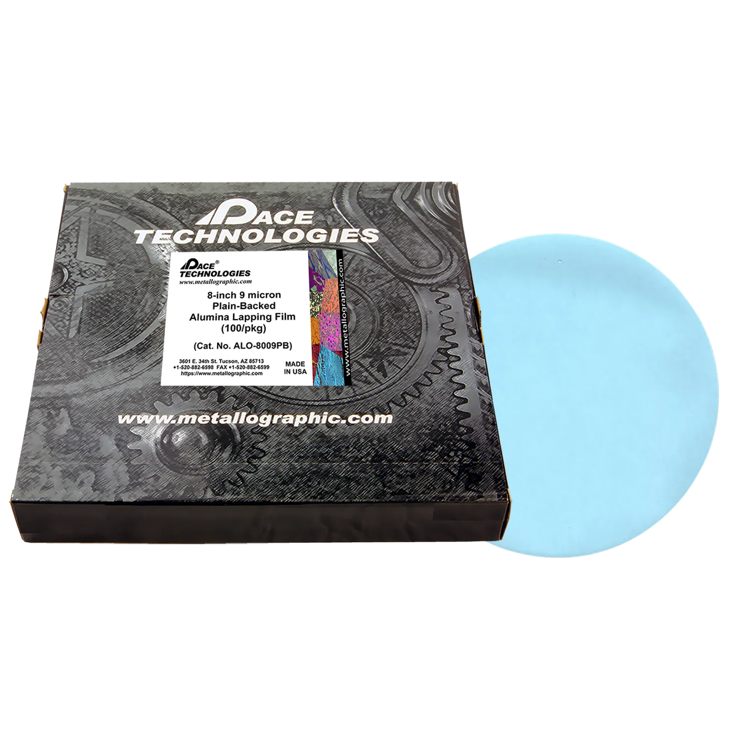 Película de alúmina para lapeado de 8" con reverso liso, 9 micrones, 100/caja, ALO-8009PB-3