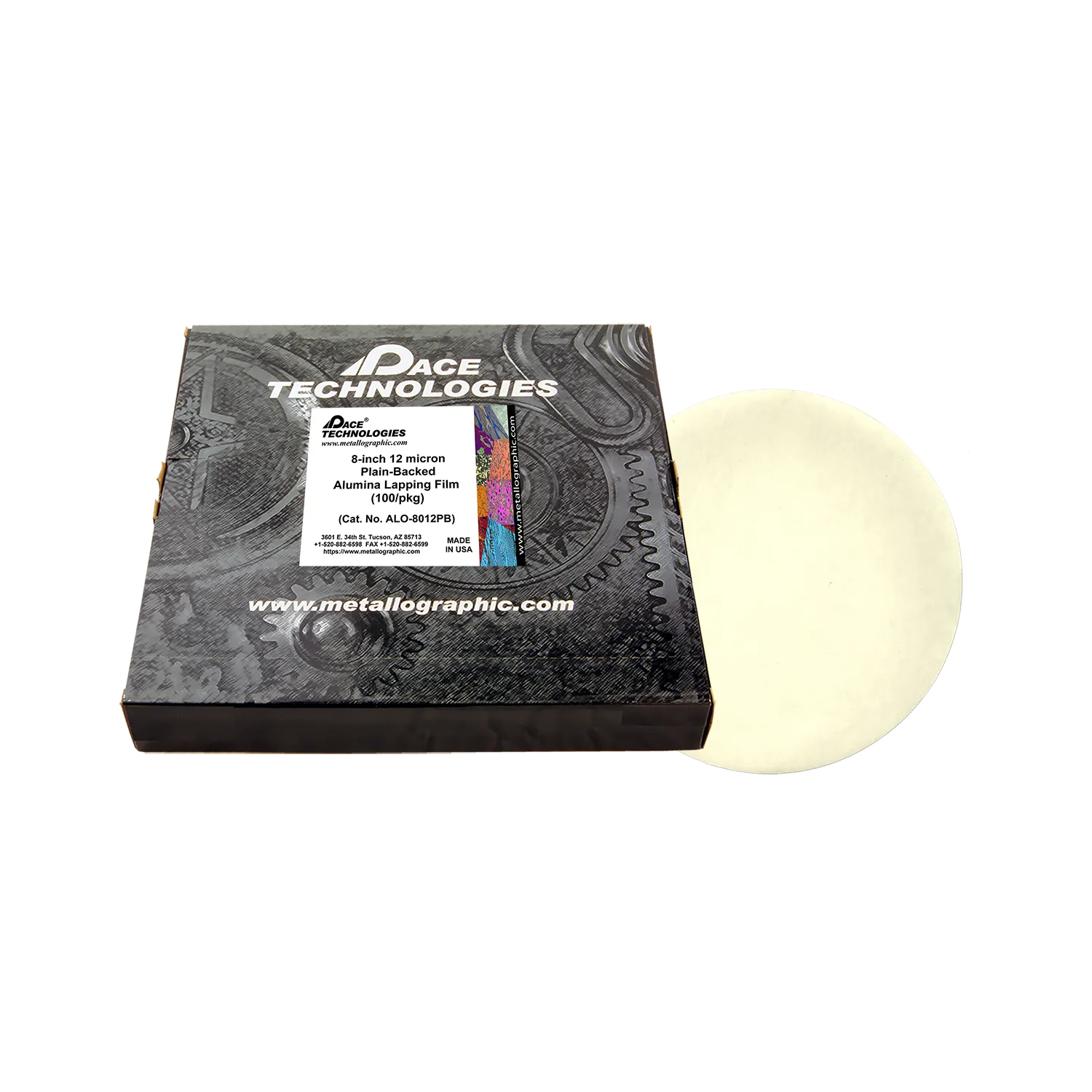 Película de alúmina para lapeado de 8" con reverso liso, 12 micrones, 100/caja, ALO-8012PB-3