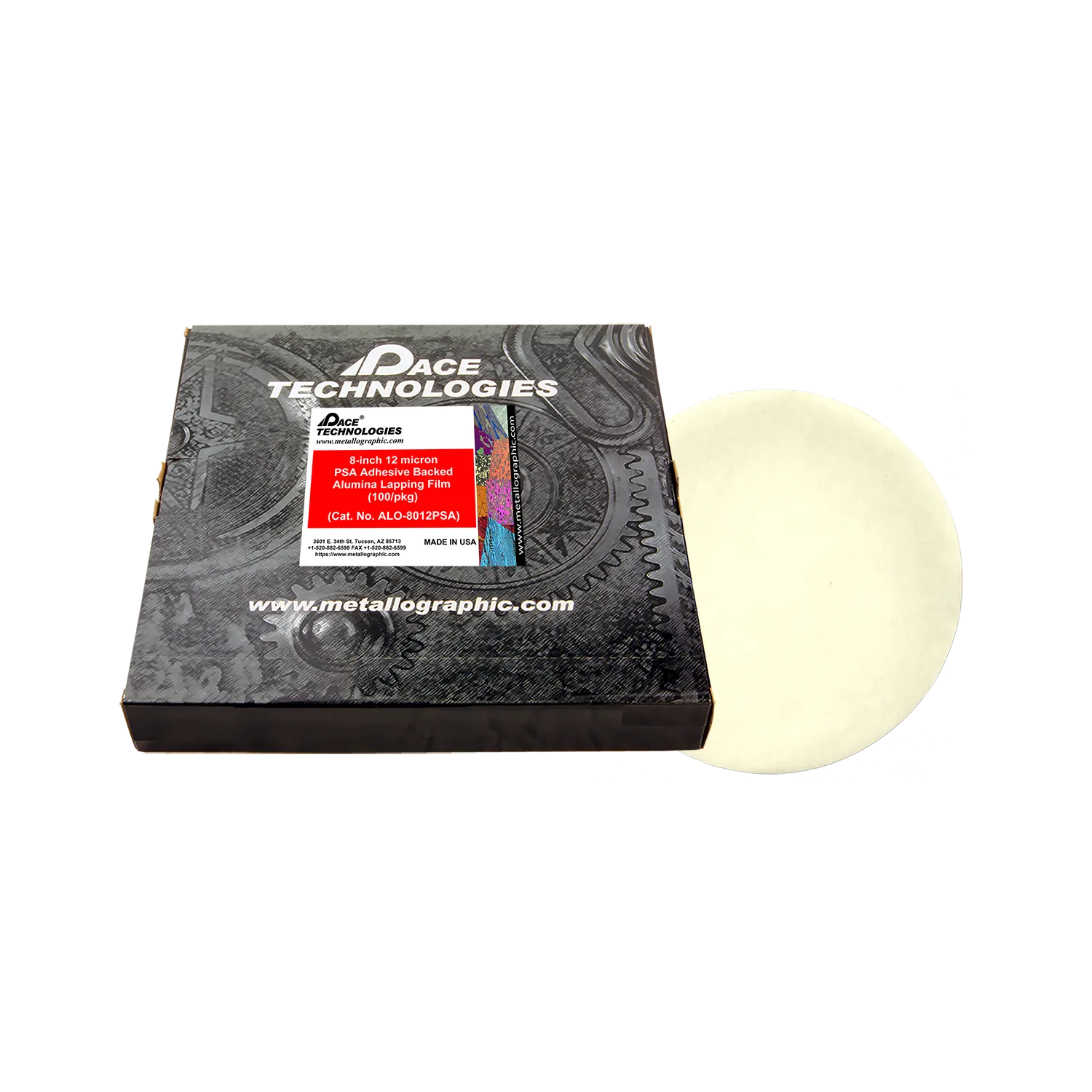 Película de alúmina para lapeado de 8" con respaldo de PSA, 12 micrones, 100/caja, ALO-8012PSA-3