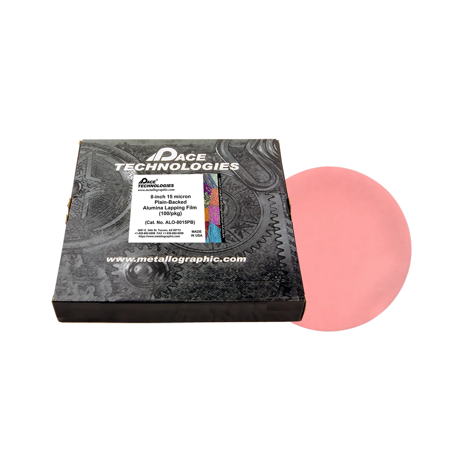 Película de alúmina para lapeado de 8" con reverso liso, 15 micrones, 100/caja, ALO-8015PB-3