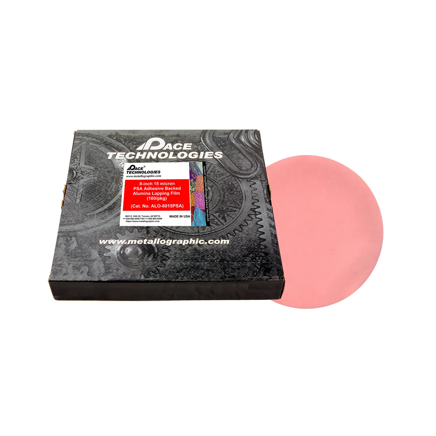 Película de pulido de alúmina de 8" con respaldo de PSA, 15 micrones, 100/caja, ALO-8015PSA-3