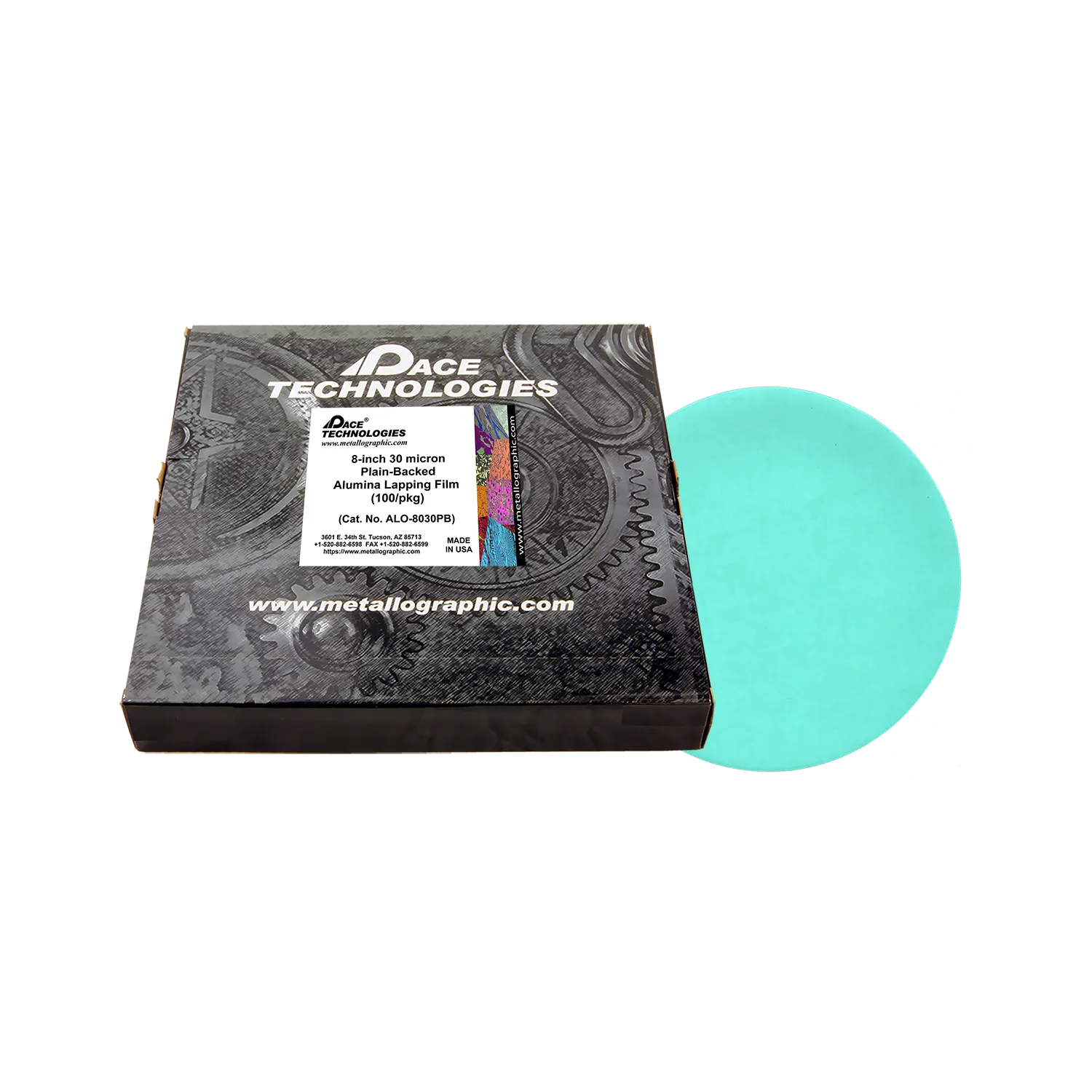 Película de alúmina para lapeado de 8" con reverso liso, 30 micrones, 100/caja, ALO-8030PB-3