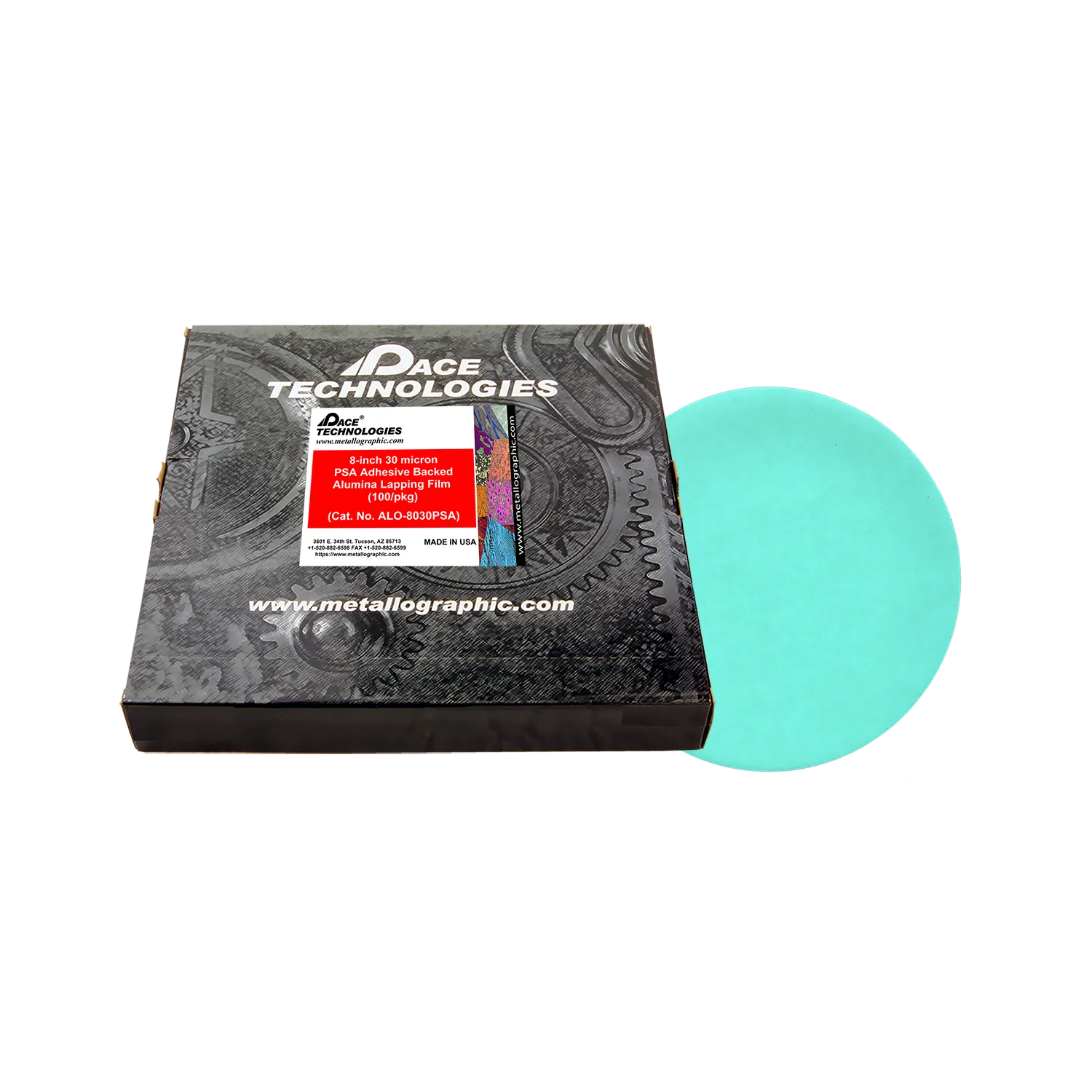 Película de alúmina para lapeado de 8" con respaldo de PSA, 30 micrones, 100/caja, ALO-8030PSA-3