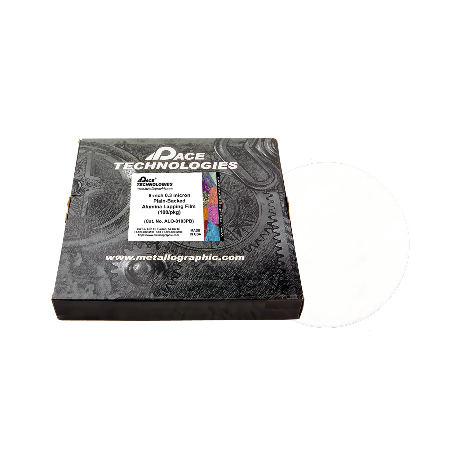 Película de alúmina para lapeado de 8" con reverso liso, 0,30 micrones, 100/caja, ALO-8103PB-3