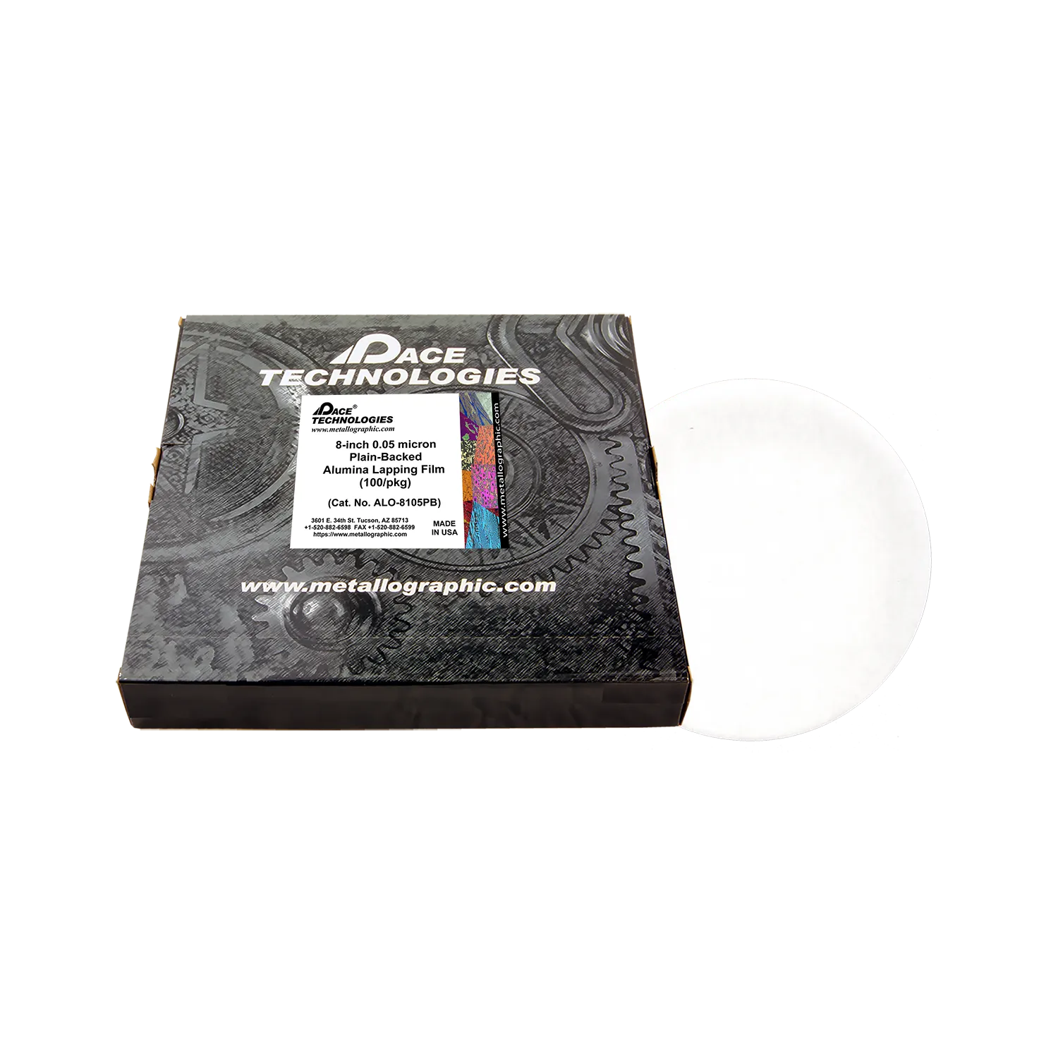 Película de alúmina para lapeado de 8" con reverso liso, 0,05 micrones, 100/caja, ALO-8105PB-3