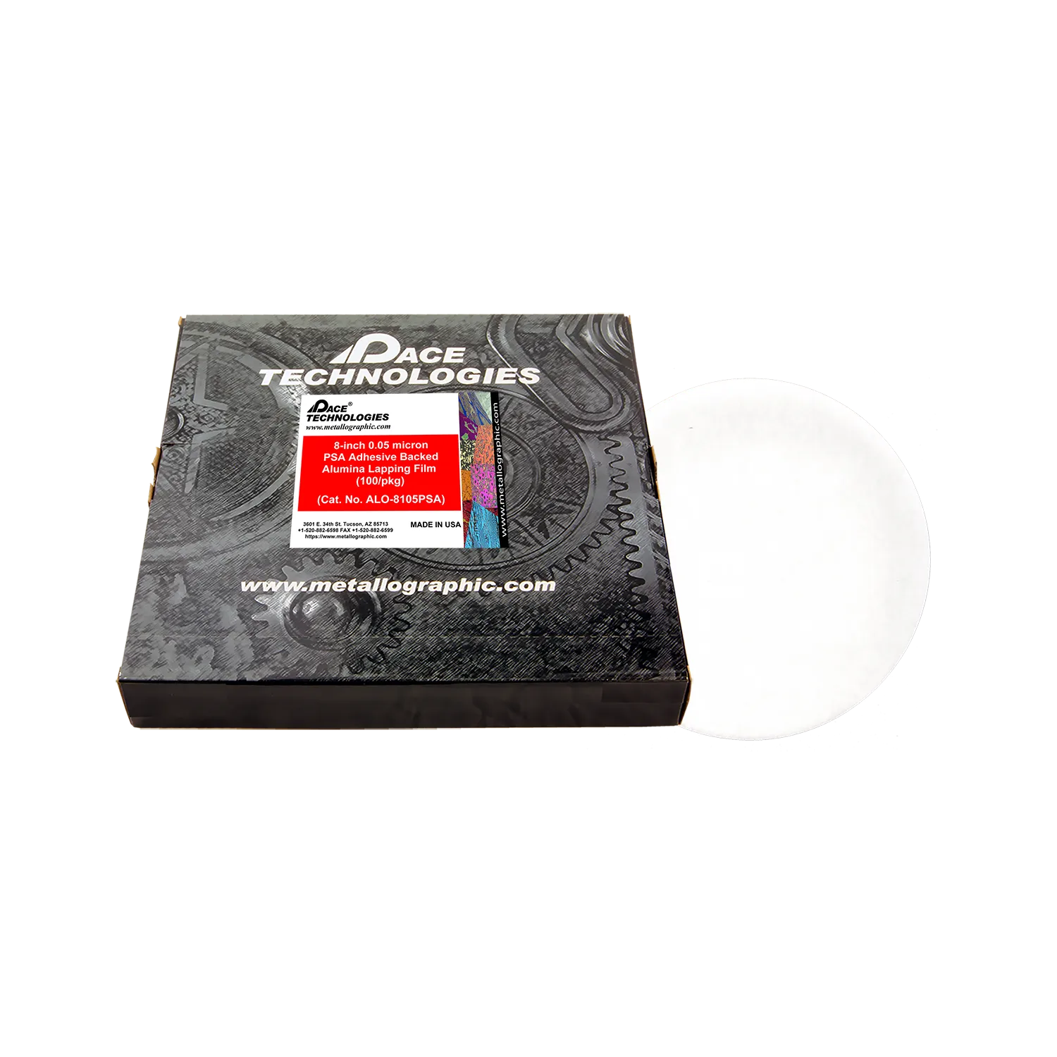 Película de alúmina para lapeado de 8" con respaldo de PSA, 0,05 micrones, 100/caja, ALO-8105PSA-3