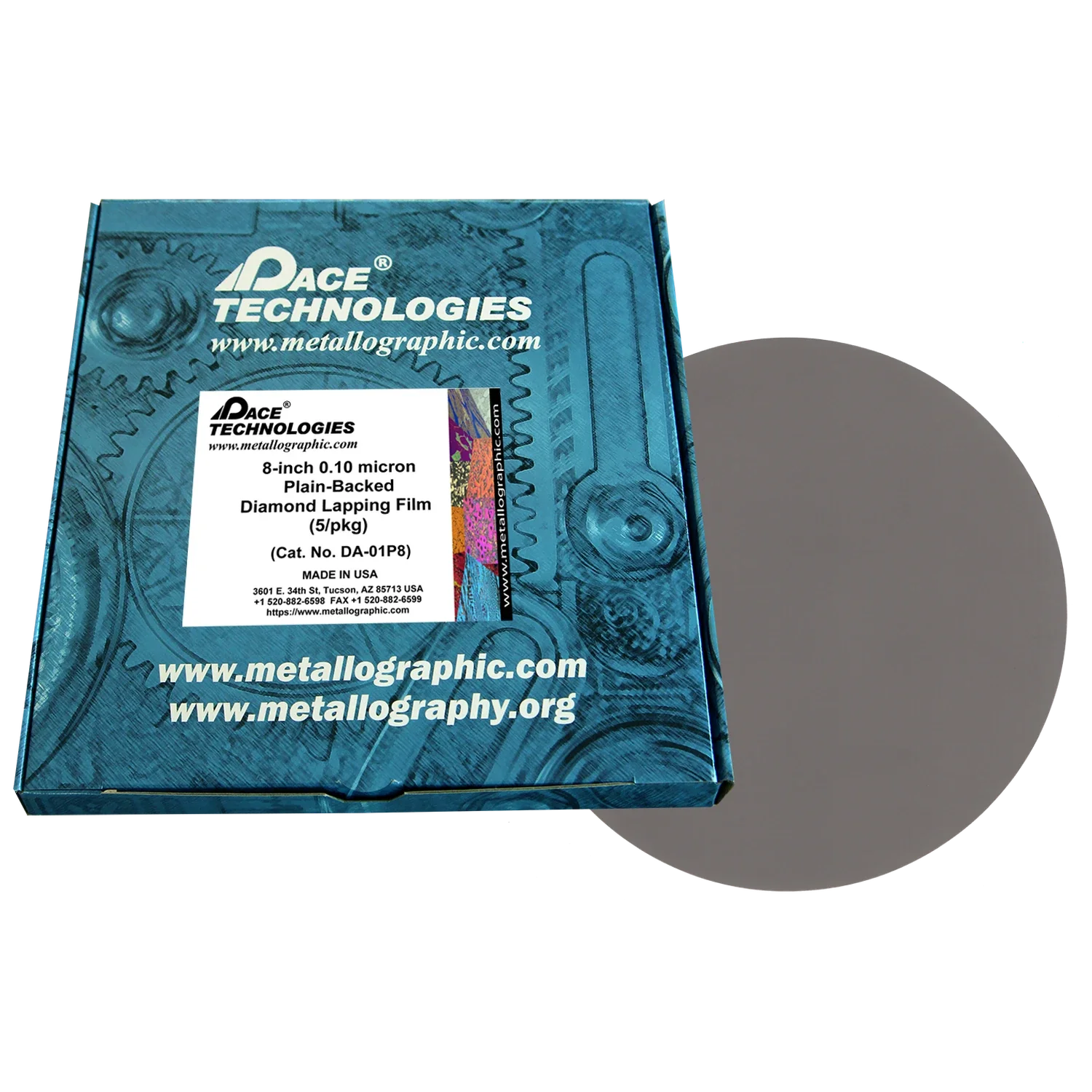 Película de pulido con diamante de 8" con reverso liso, 0,10 micrones, 5/caja, DA-01P8