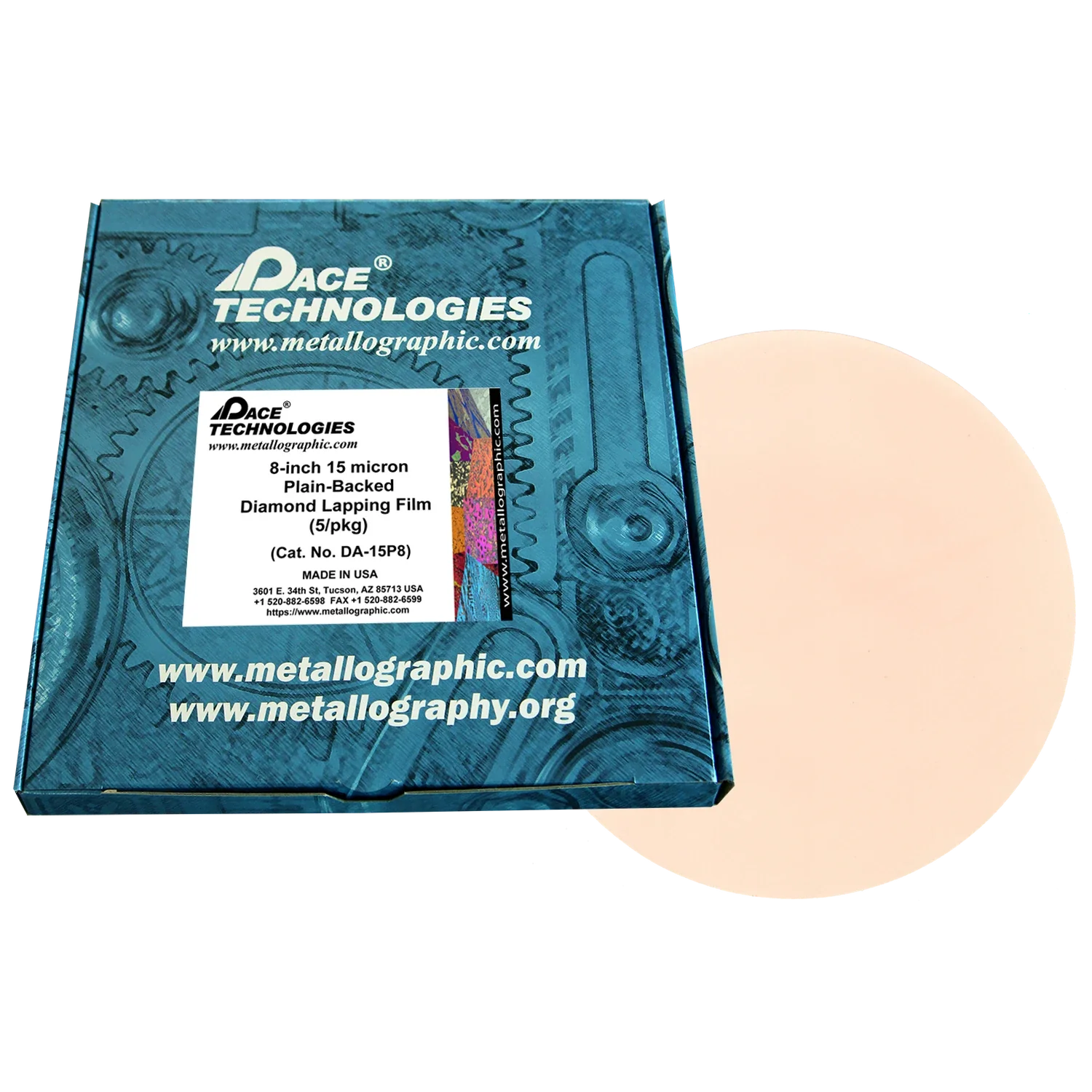 Película de pulido con diamante de 8" con reverso liso, 15 micrones, 5/caja, DA-15P8