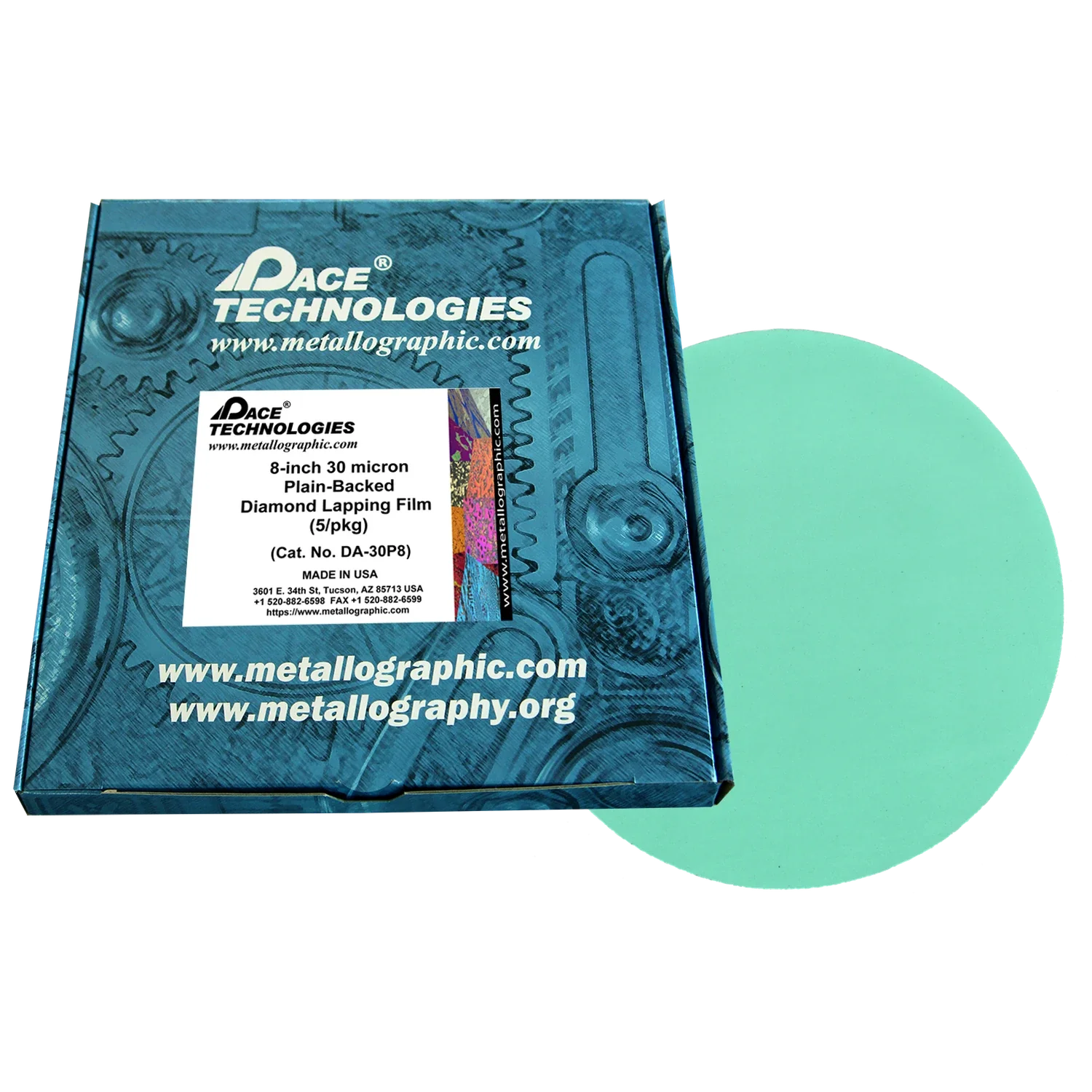Película de pulido con diamante de 8" con reverso liso, 30 micrones, 5/caja, DA-30P8