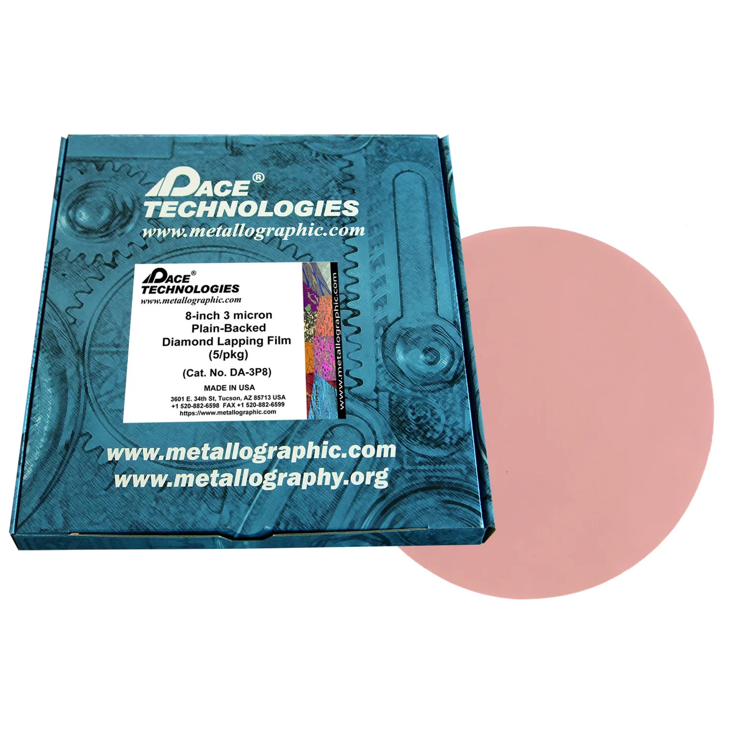 Película de pulido con diamante de 8" con reverso liso, 3 micrones, 5/caja, DA-3P8