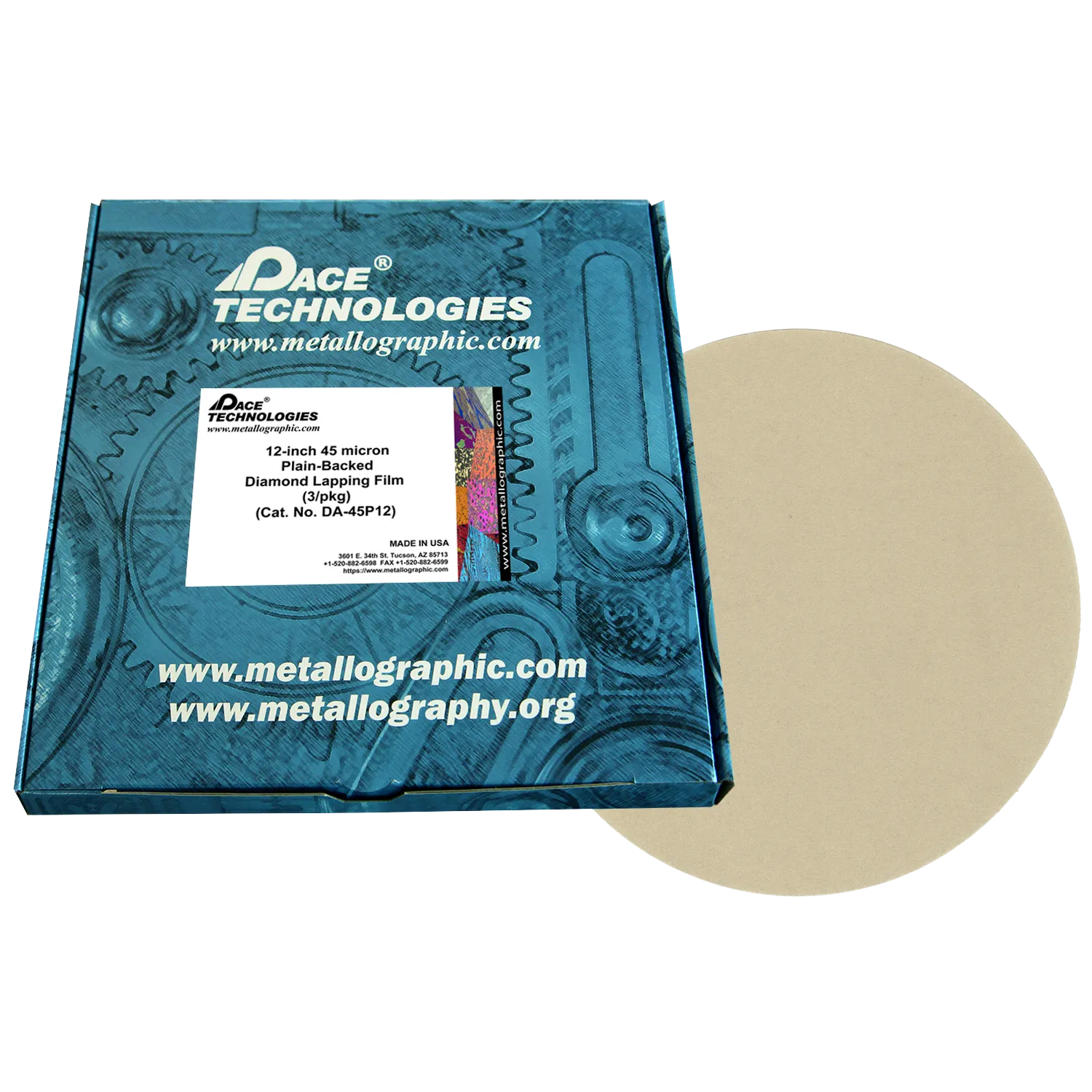 12" Diamond Lapping Film with plain backed, 45 micron, 3/box, DA-45P12