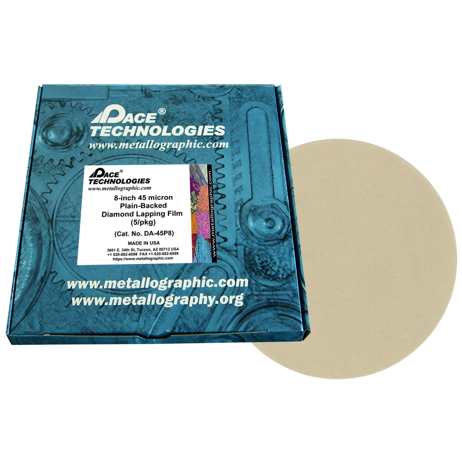 Película de pulido con diamante de 8" con reverso liso, 45 micrones, 5/caja, DA-45P8