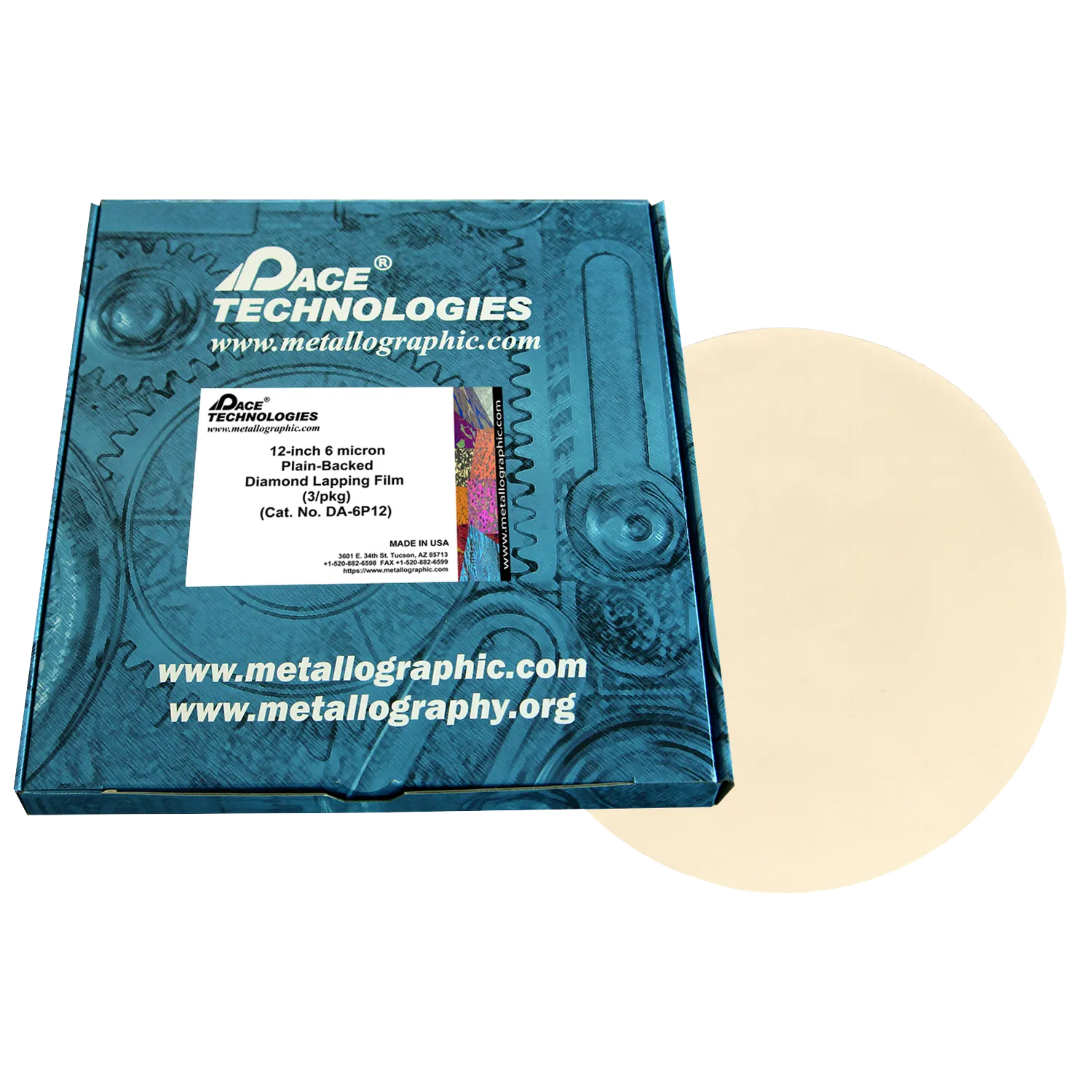 12" Diamond Lapping Film with plain backed, 6 micron, 3/box, DA-6P12