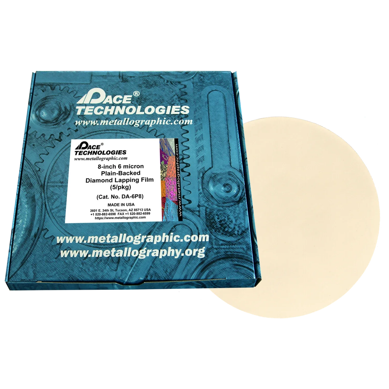 Película de pulido con diamante de 8" con reverso liso, 6 micrones, 5/caja, DA-6P8