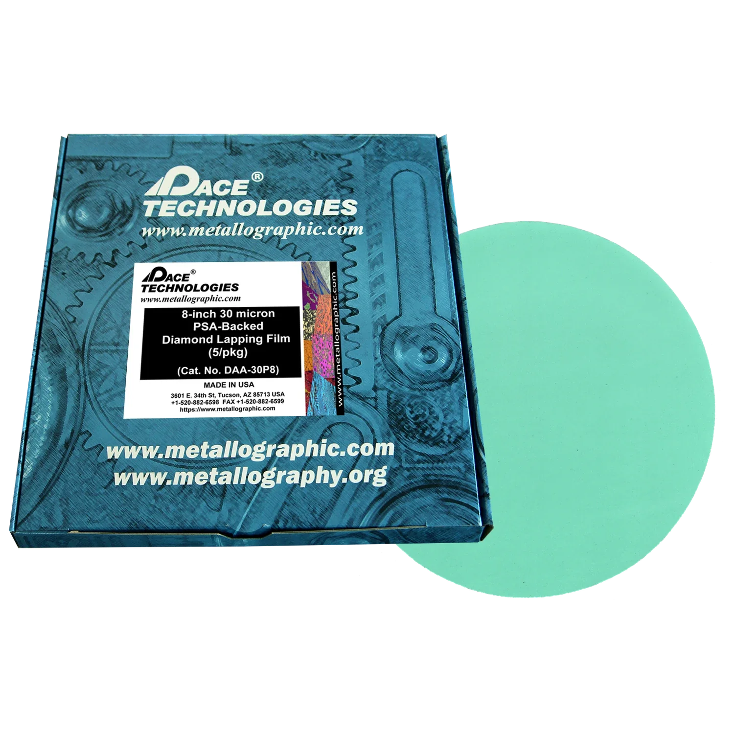 Película de pulido con diamante de 8" con respaldo de PSA, 30 micrones, 5/caja, DAA-30P8