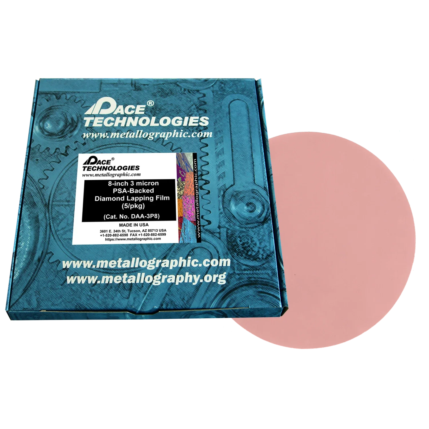 Película de pulido con diamante de 8" con respaldo de PSA, 3 micrones, 5/caja, DAA-3P8
