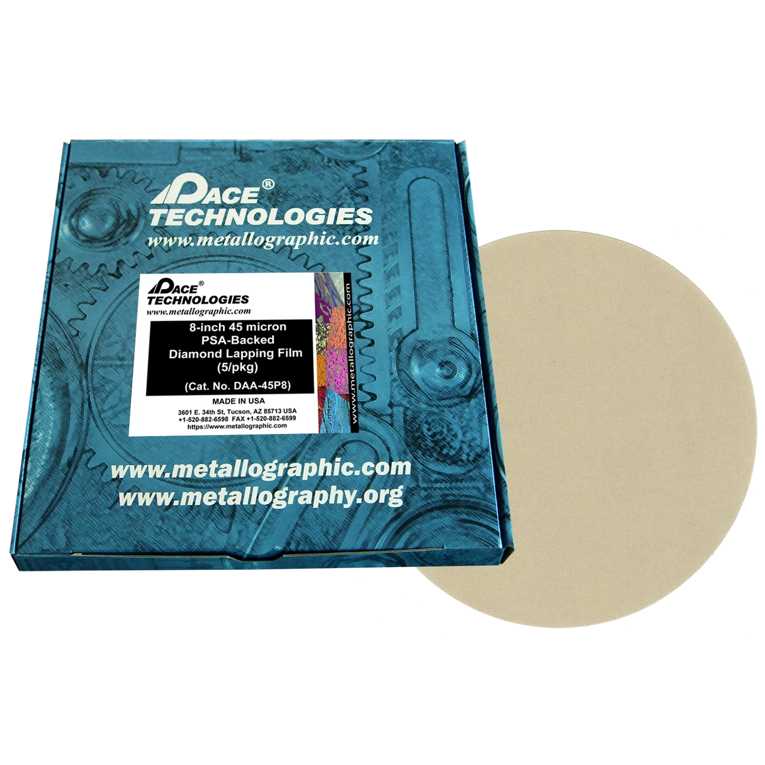 Película de pulido con diamante de 8" con respaldo de PSA, 45 micrones, 5/caja, DAA-45P8