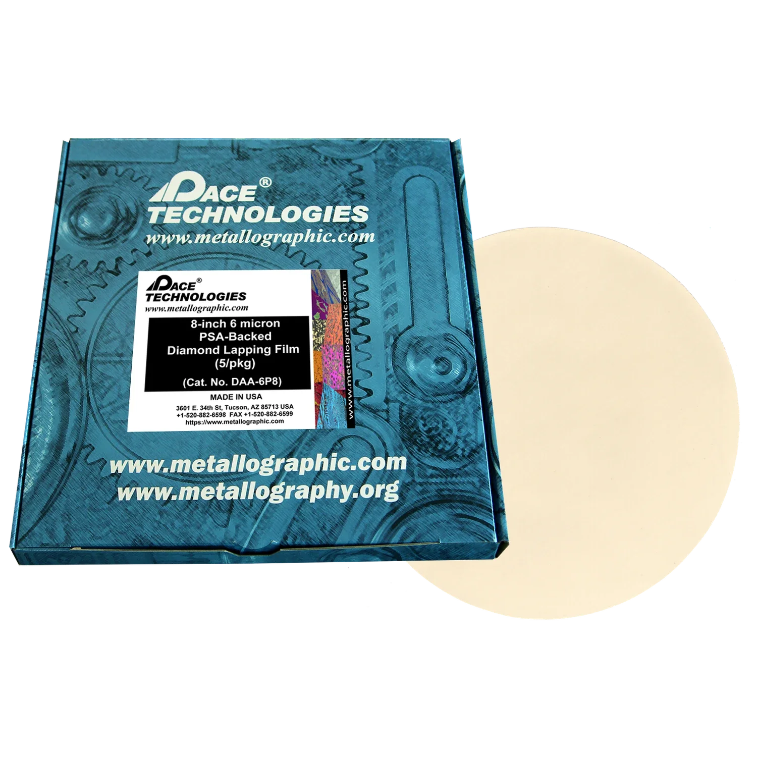 Película de pulido con diamante de 8" con respaldo de PSA, 6 micrones, 5/caja, DAA-6P8