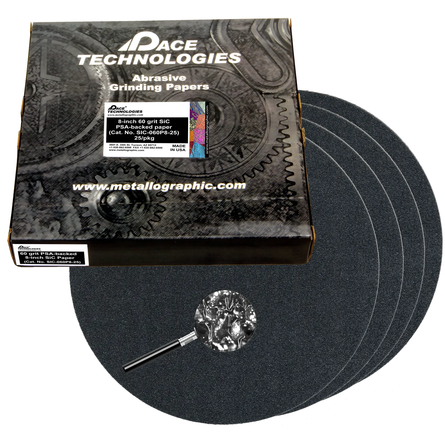 Papeles abrasivos SiC de 8" con respaldo de PSA, grano 60, SIC-060P8