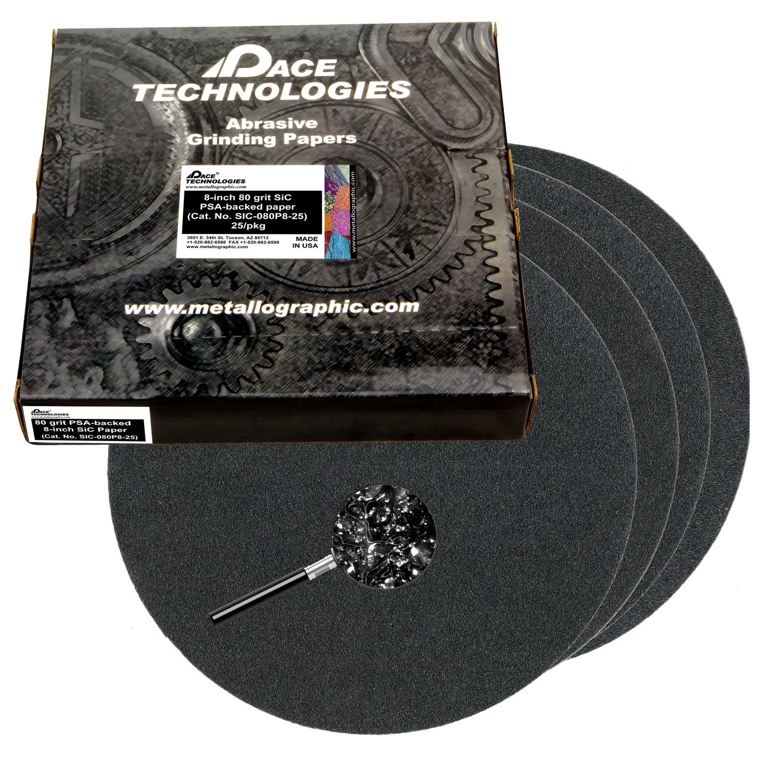 Papeles abrasivos SiC de 8" con respaldo de PSA, grano 80, SIC-080P8
