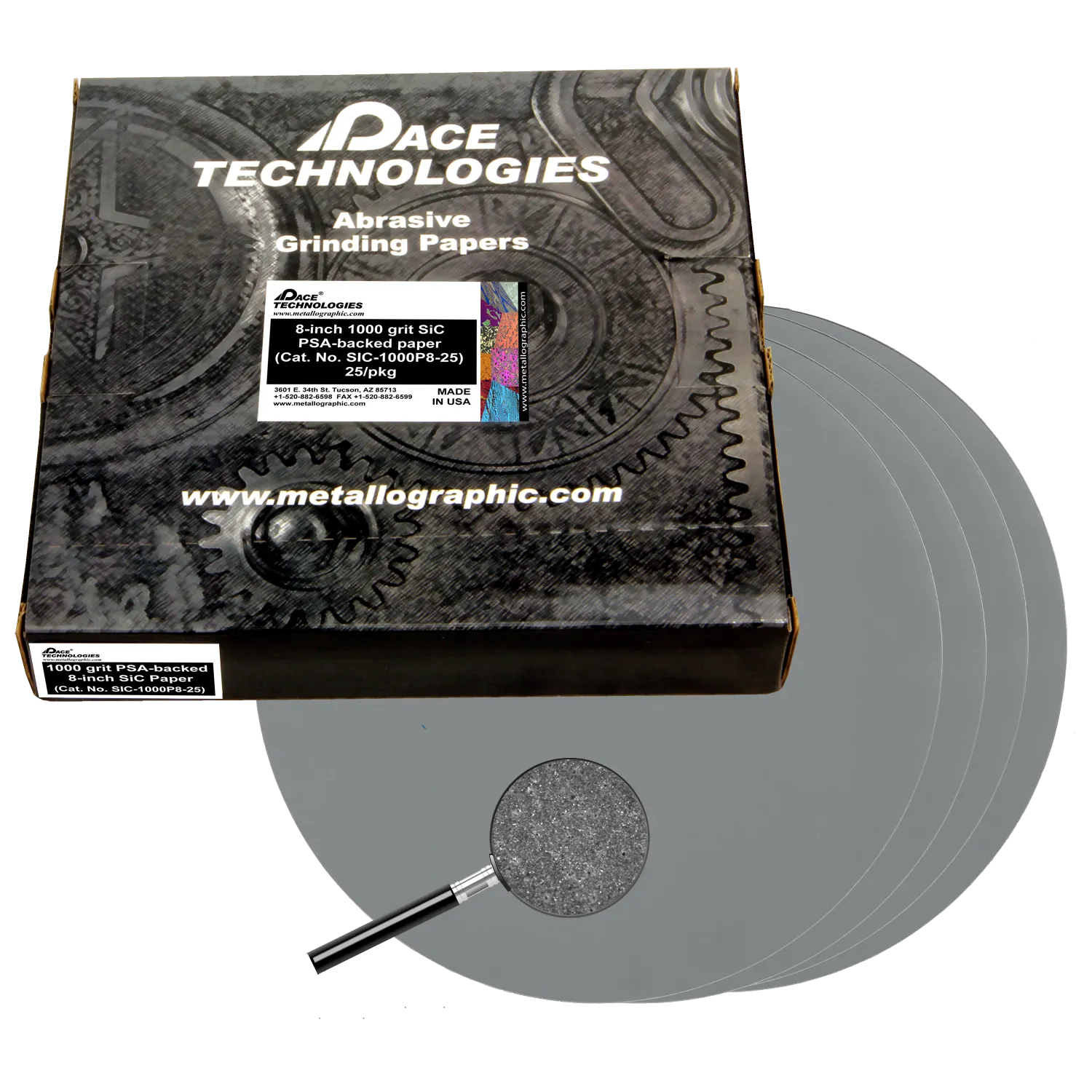 Papeles abrasivos SiC de 8" con respaldo de PSA, grano 1000, SIC-1000P8