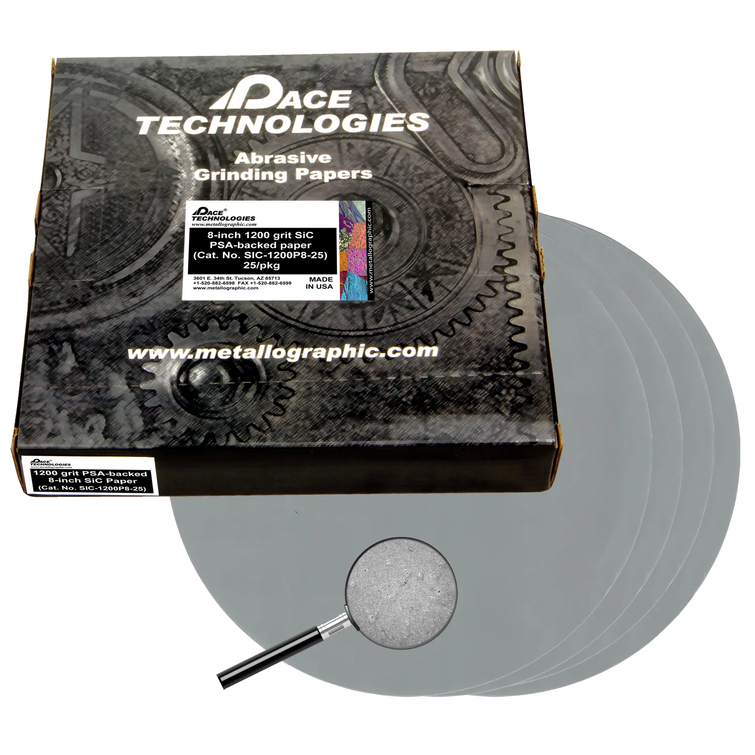 Papeles abrasivos SiC de 8" con respaldo de PSA, grano 1200, SIC-1200P8