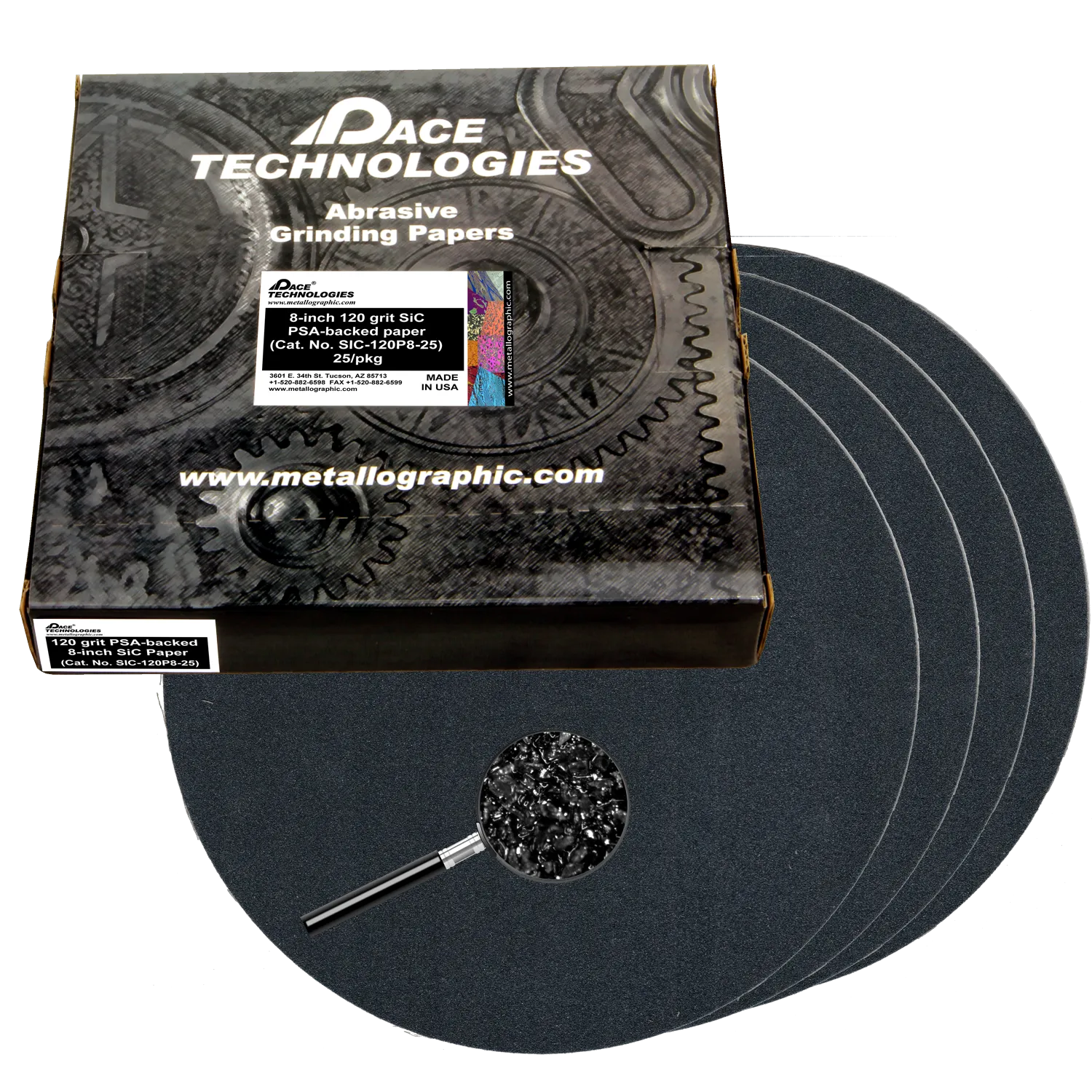Papeles abrasivos SiC de 8" con respaldo de PSA, grano 120, SIC-120P8