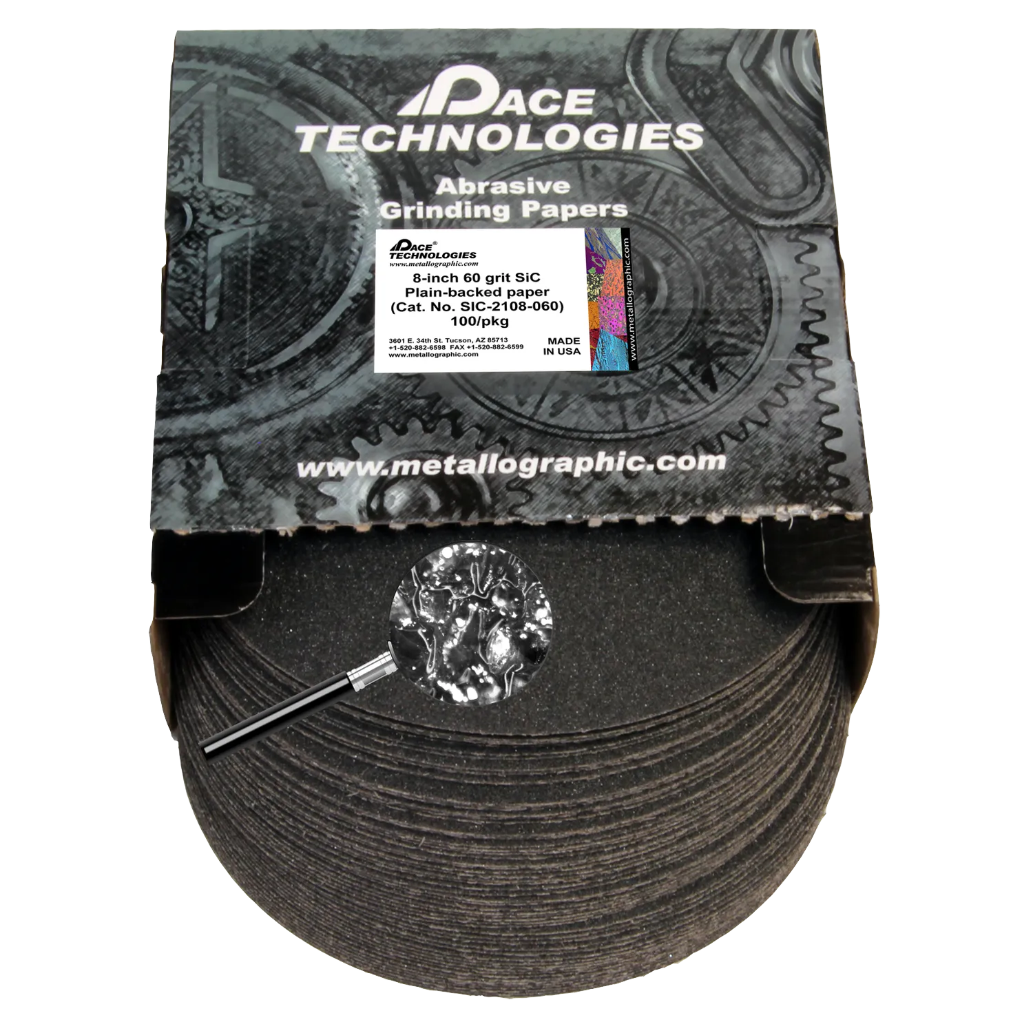 Papeles de lija de SiC de 8" con respaldo liso, grano 60, 100/caja, SIC-2108-060