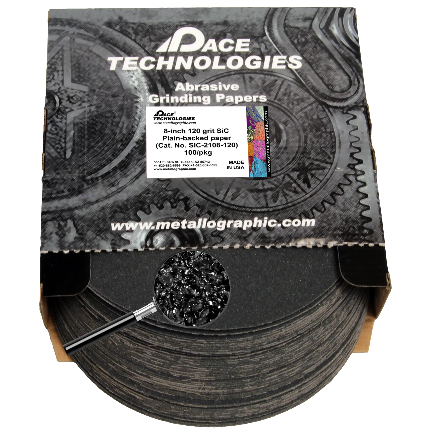 Papeles de lija de SiC de 8" con respaldo liso, grano 120, 100/caja, SIC-2108-120