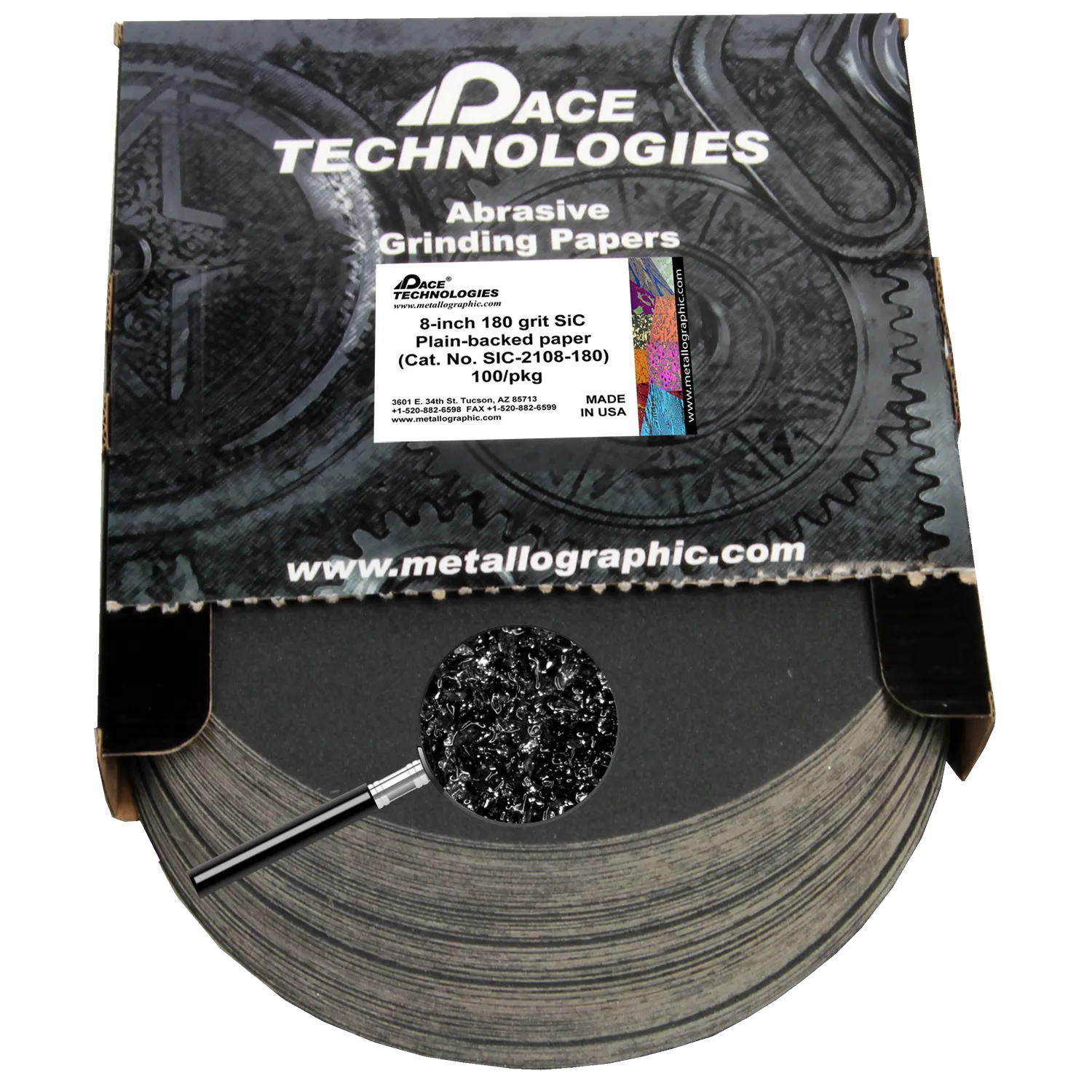 Papeles de lija de SiC de 8" con respaldo liso, grano 180, 100/caja, SIC-2108-180