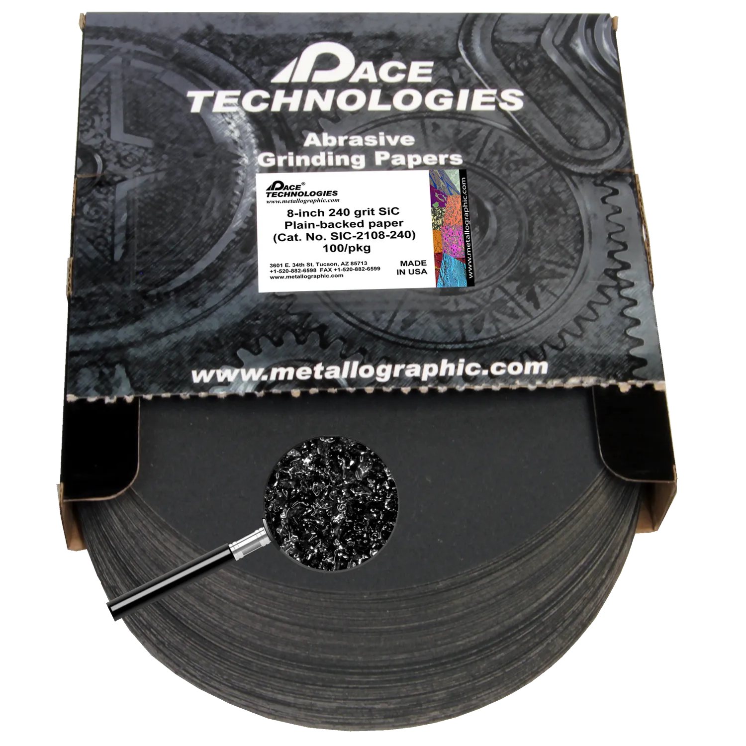 Papeles de lija de SiC de 8" con reverso liso, grano 240, 100/caja, SIC-2108-240