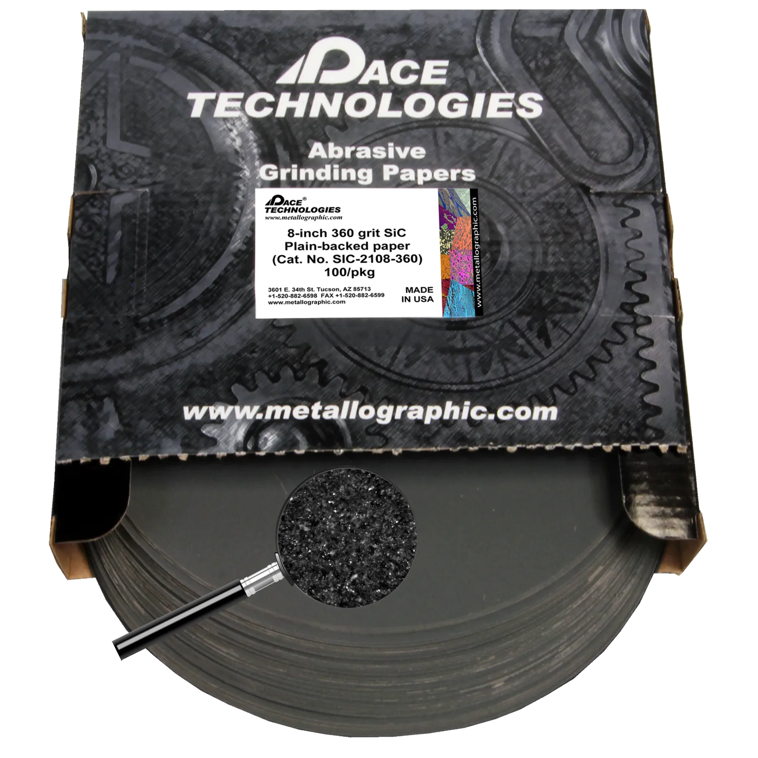 Papeles de lija de SiC de 8" con respaldo liso, grano 360, 100/caja, SIC-2108-360