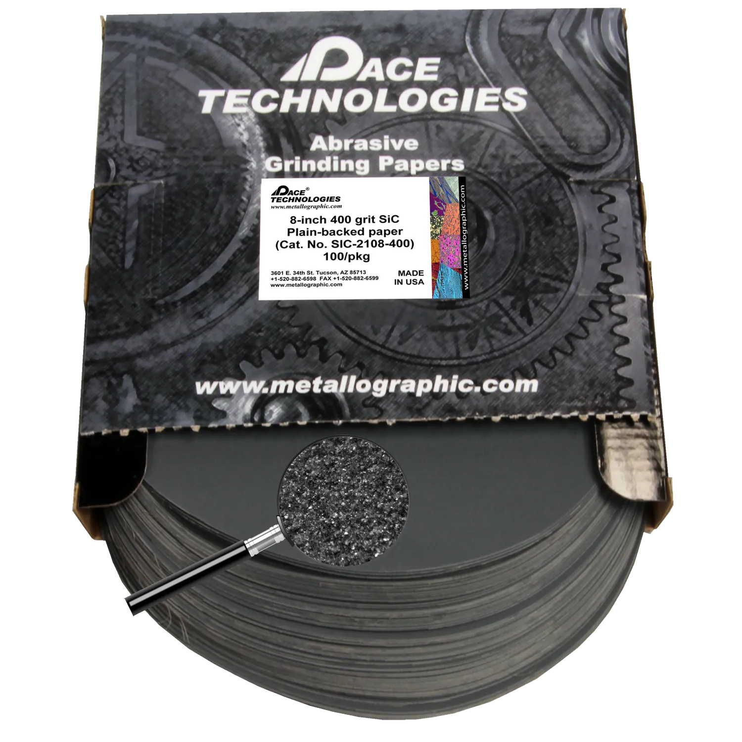 Papeles de lija de SiC de 8" con respaldo liso, grano 400, 100/caja, SIC-2108-400