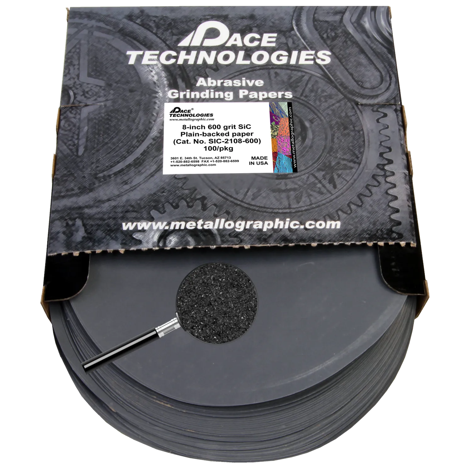 Papeles de lija de SiC de 8" con respaldo liso, grano 600, 100/caja, SIC-2108-600