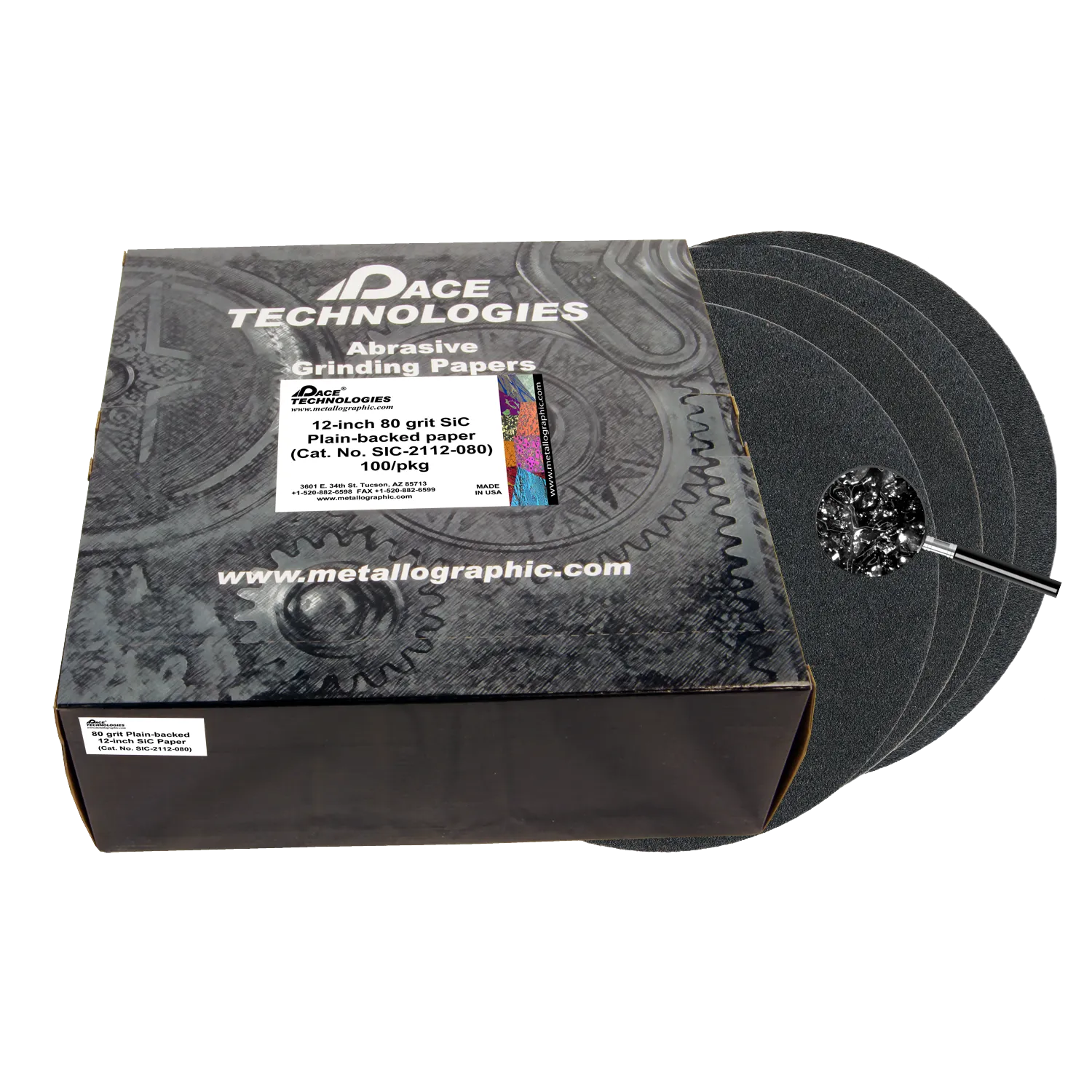 Papeles de lija de SiC de 12" con respaldo liso, grano 80, 100/caja, SIC-2112-080