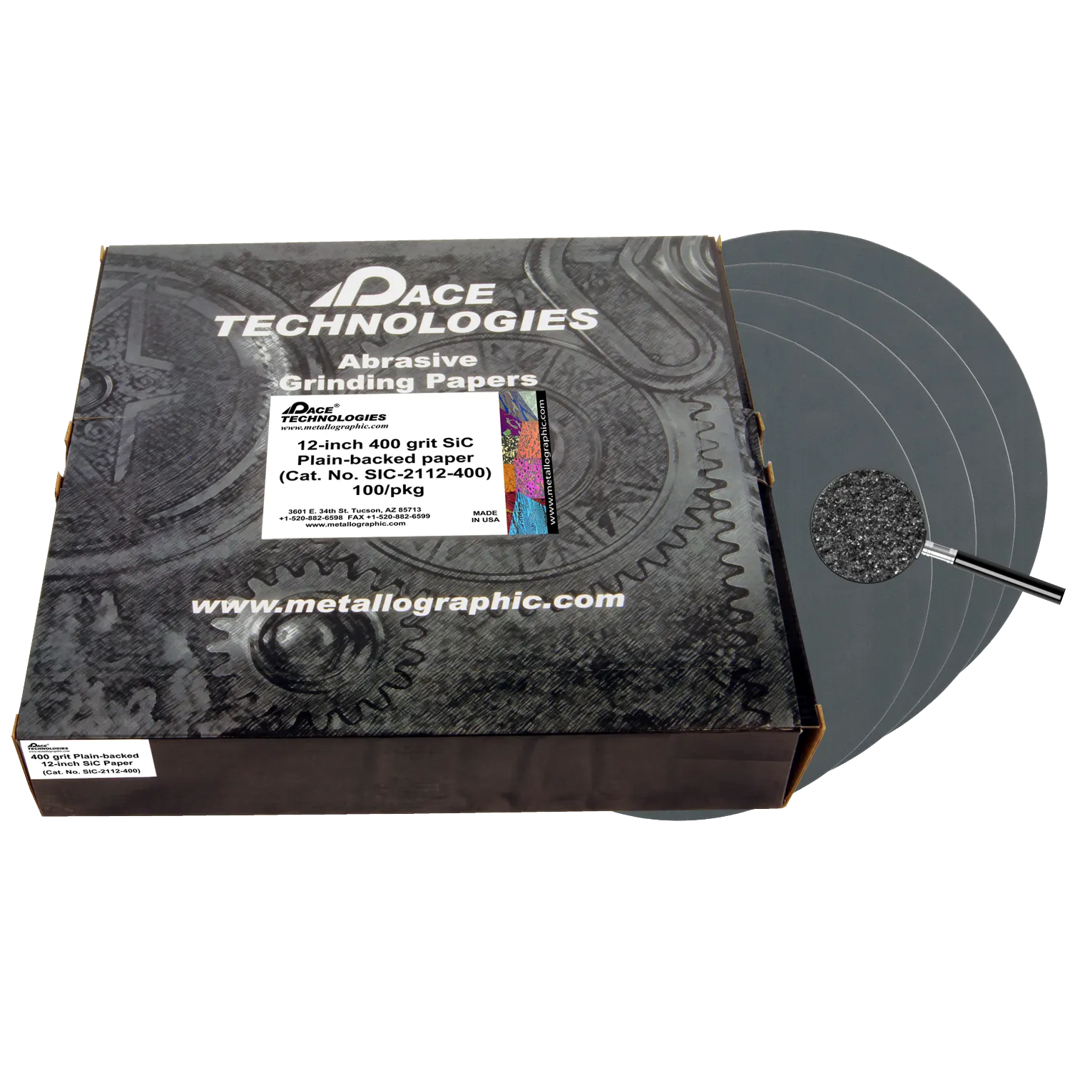 Papeles de lija de carburo de silicio de 12" con respaldo liso, grano 400, 100/caja, SIC-2112-400