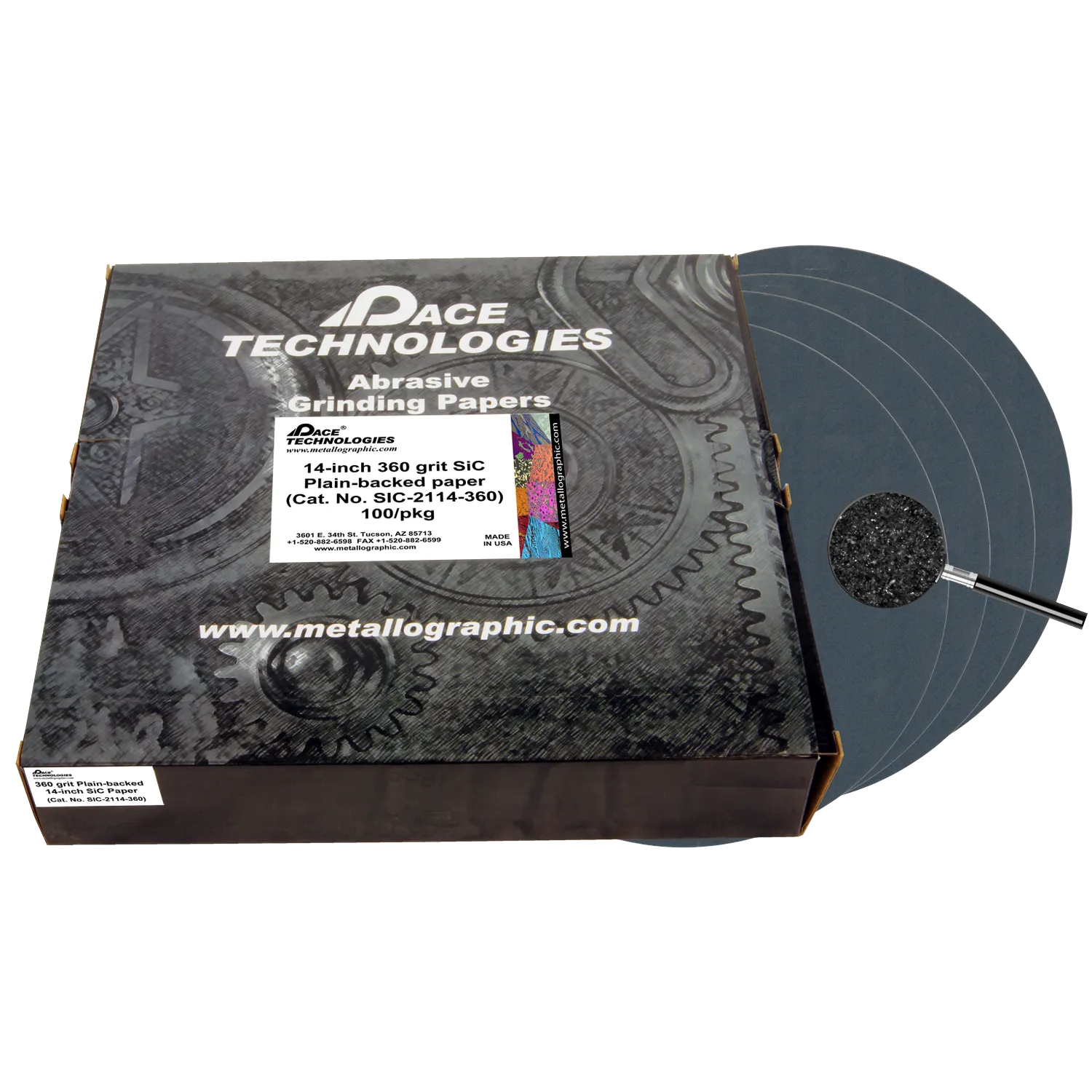 Papeles de lija de carburo de silicio de 14" con respaldo liso, grano 360, 100/caja, SIC-2114-360